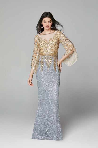 Primavera Style#1424, Bell Sleeve Beaded Evening Gown, beaded,Bell Sleeve,Fit and Flare,Floor Length,long sleeve,Sequin,Sheath, $650.00