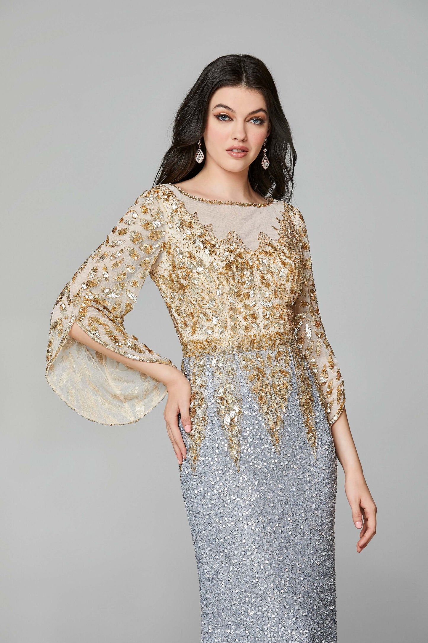 Primavera Style#1424, Bell Sleeve Beaded Evening Gown, beaded,Bell Sleeve,Fit and Flare,Floor Length,long sleeve,Sequin,Sheath, $650.00