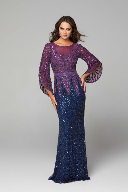 Primavera Style#1424, Bell Sleeve Beaded Evening Gown, beaded,Bell Sleeve,Fit and Flare,Floor Length,long sleeve,Sequin,Sheath, $650.00