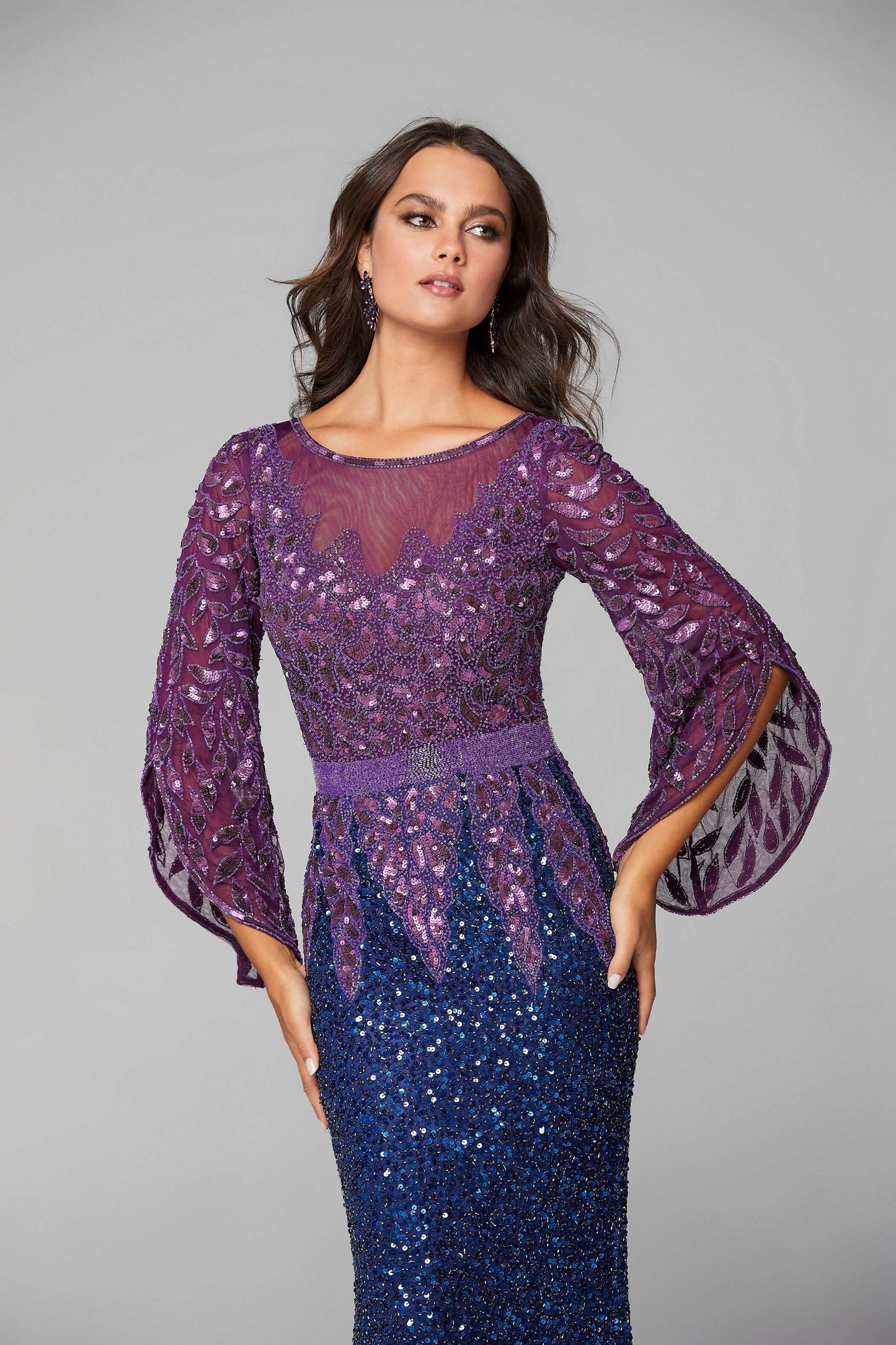 Primavera Style#1424, Bell Sleeve Beaded Evening Gown, beaded,Bell Sleeve,Fit and Flare,Floor Length,long sleeve,Sequin,Sheath, $650.00