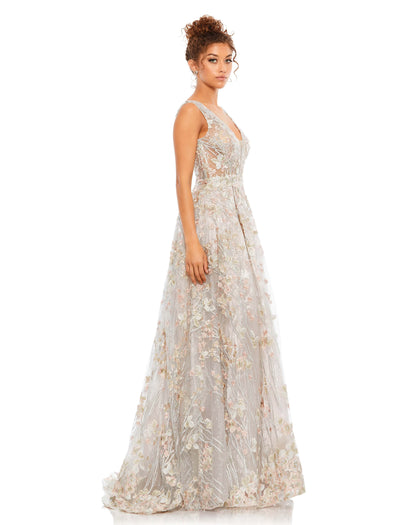 Floral Embroidered Illusion V-Neck Gown