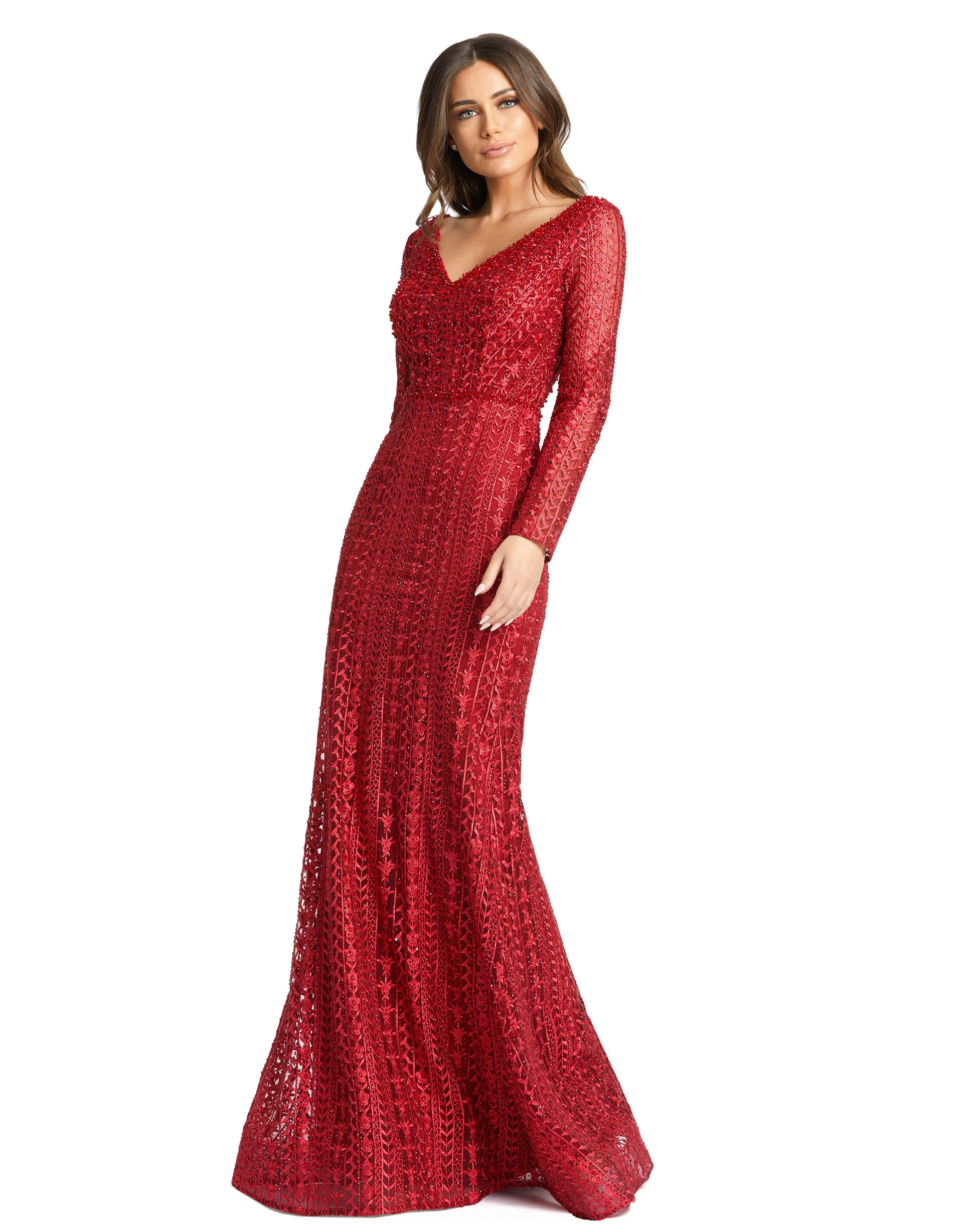 Mac Duggal Sheer embellished embroidered overlay; 100% polyester lining Fully lined through bodice and skirt; sheer unlined long sleeves V-neckline Long sleeves Beaded waist detail Sweeping train Concealed back zipper Approx. 62.5" from top of shoulder to