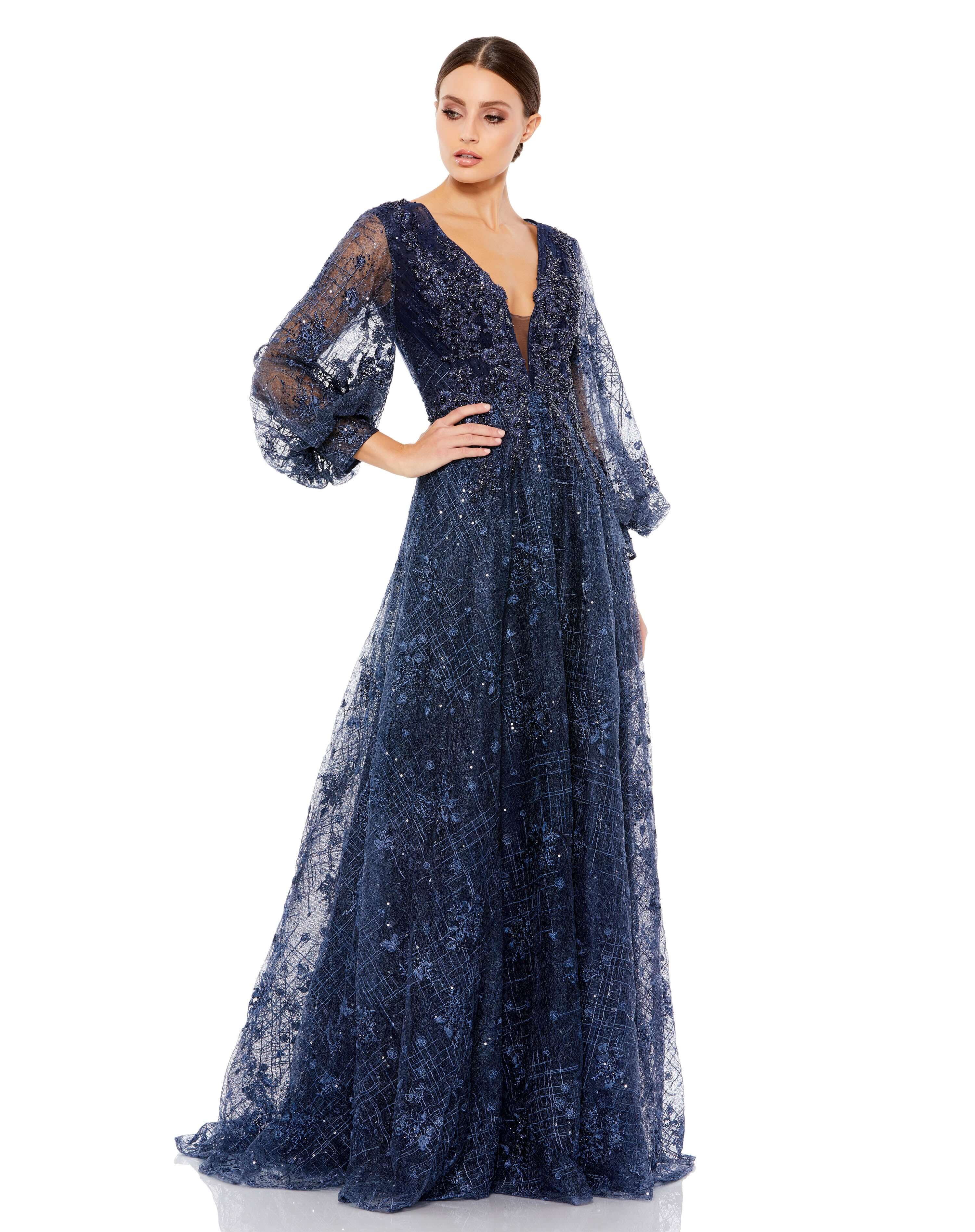 Celestia Embellished High Neck Long Sleeve Evening Gown in Royal Indigo –  Oh Polly AE