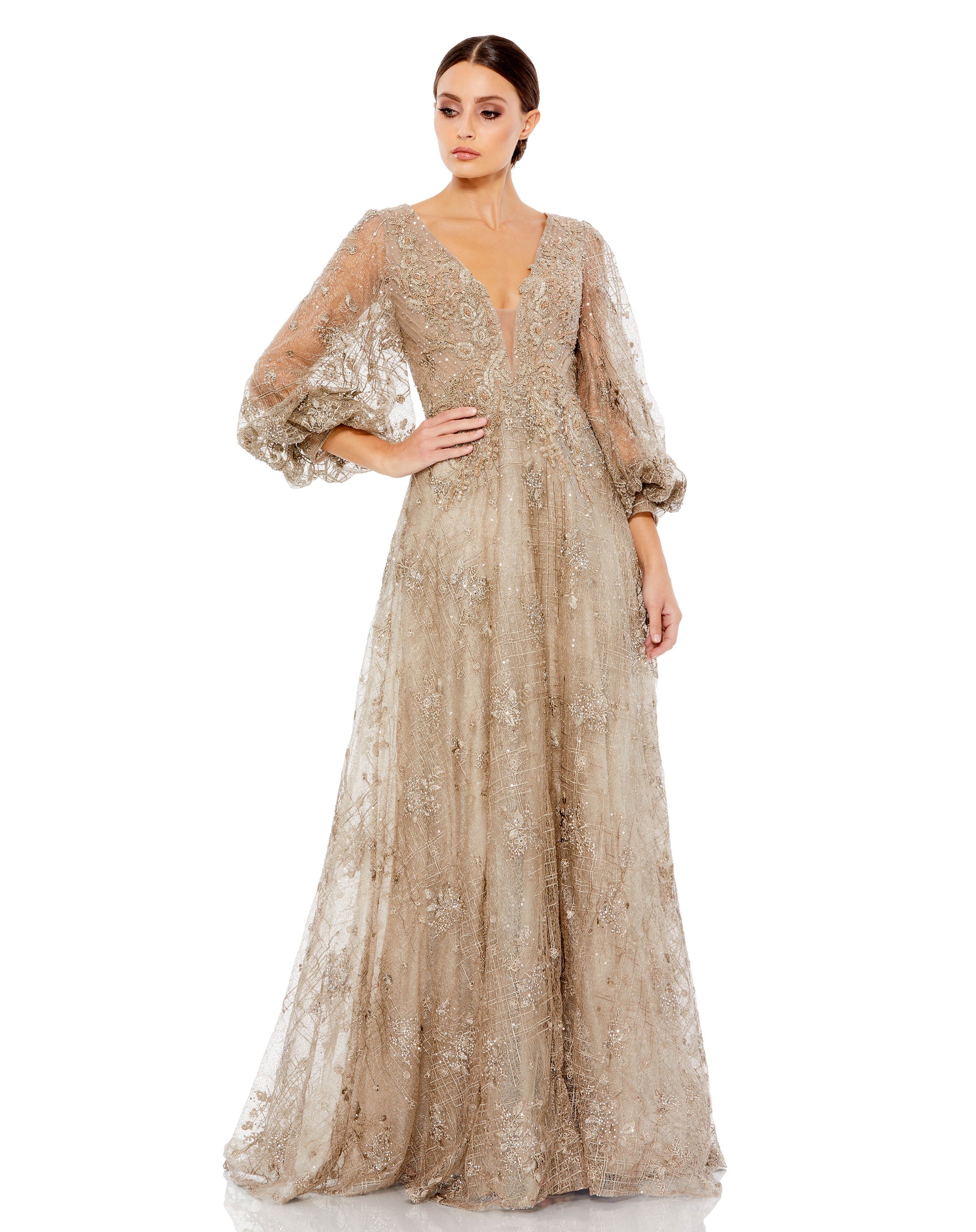 Mac Duggal Sheer sequin-embellished embroidered overlay; 100% polyester lining Partially lined bodice; fully lined through skirt; sheer unlined puff sleeves Plunging v-neckline Long puff sleeves All-over silver hand-sequined accents Mesh bust insert Sweep
