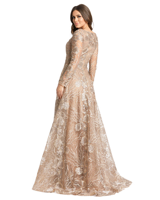 Mac Duggal Sheer hand-embellished embroidered overlay; 100% polyester lining Fully lined through bodice and skirt; sheer unlined sleeves Square neckline Long sleeves Heat-set crystal embellishments throughout Sweeping train Concealed back zipper Approx. 6