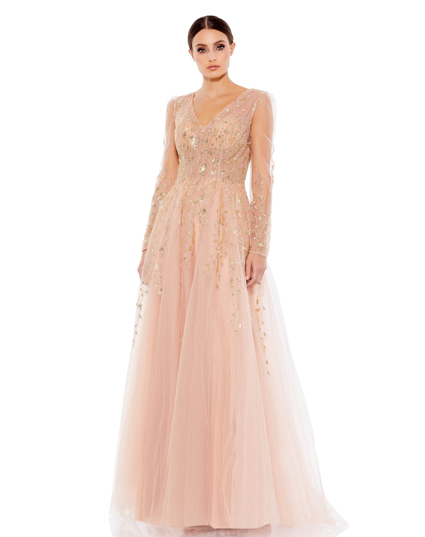 Elegant evening gown with a v-neckline, long illusion sleeves with slightly puffed shoulders, and a floor-length skirt with a sweeping train. This gown has gorgeous vertical beading and sequin details across the bodice and sleeves. Mac Duggal Partially Li