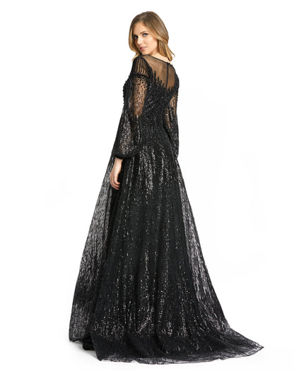 This dreamy gown is made with clusters and dashes of sequins for an ombré-like effect. Cut in a graceful, A-line shape, the dress is styled with an illusion round neck, bishop sleeves and a sparkling skirt with a sweep train finish. Mac Duggal Sequined ne