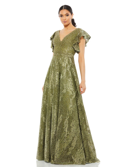 Mac Duggal Style#20310, Embroidered Flutter Sleeve V-Neck Gown, A line,beaded,Cap Sleeve,Floor Length,Lace,SALE,V-Neck, $800.00