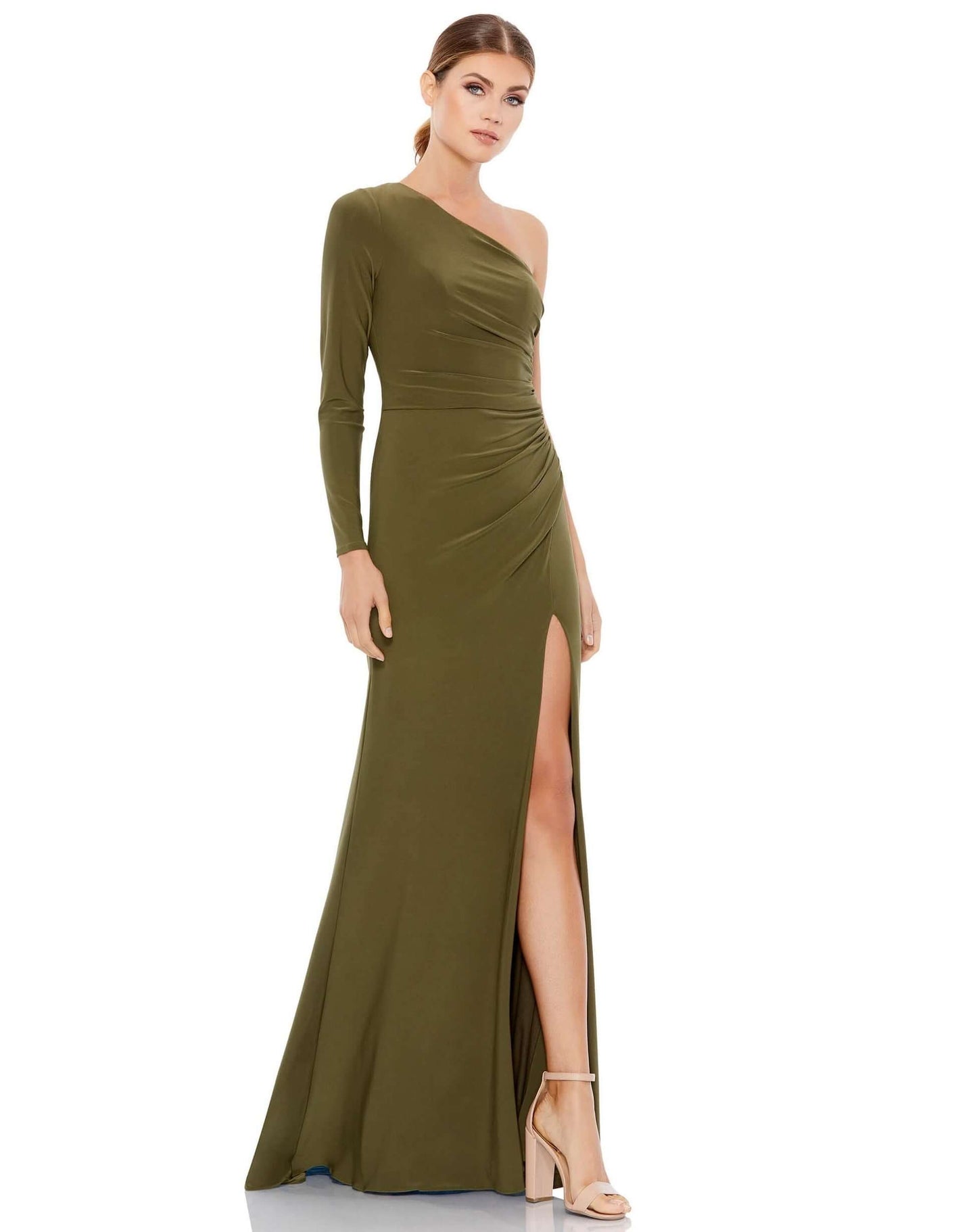 Mac Duggal Style#26505, Stretch Jersey One Sleeve Gathered Waist Gown, Fit and Flare,Floor Length,long sleeve,One Shoulder,Slit, $395.00