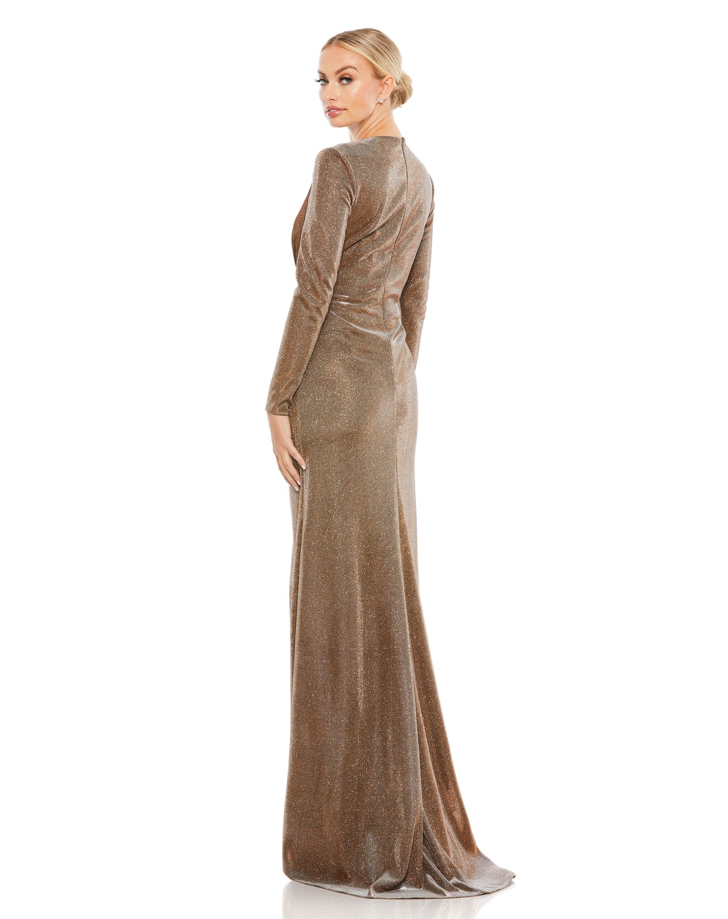 Sparkling metallic long-sleeve gown accented with a twist-front plunging neckline and a thigh-high slit. Ieena for Mac Duggal Fully lined Bust Pads Back Zipper 100% Polyester Long Sleeve Thigh-high Slit Full Length V-Neck Style #26194
