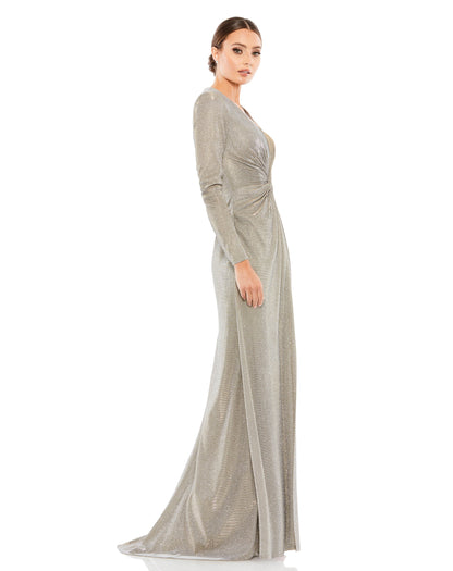 Sparkling metallic long-sleeve gown accented with a twist-front plunging neckline and a thigh-high slit. Ieena for Mac Duggal Fully lined Bust Pads Back Zipper 100% Polyester Long Sleeve Thigh-high Slit Full Length V-Neck Style #26194