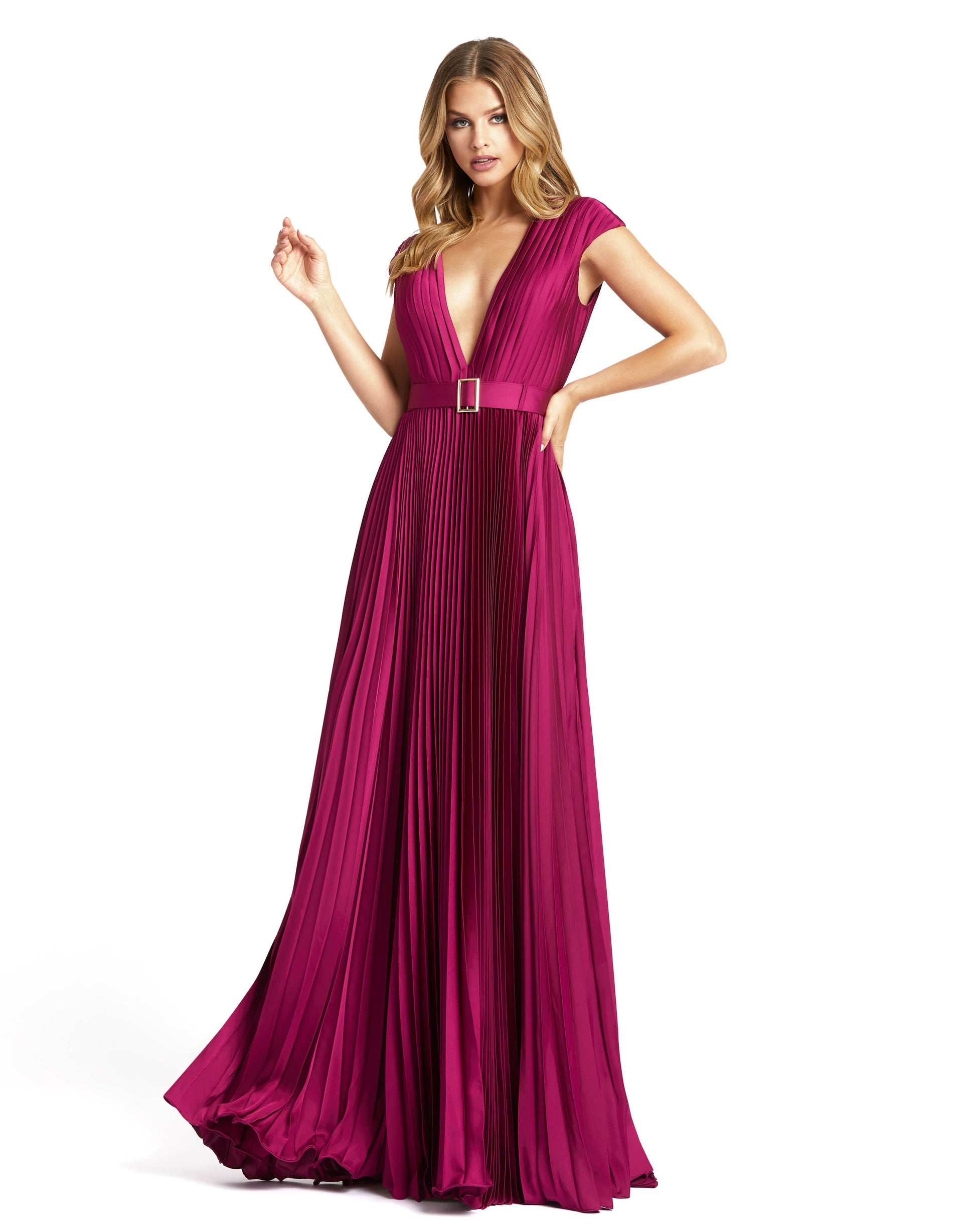 Mac Duggal Style#26285, Pleated Plunge Neck Belted A Line Gown, A line,Cap Sleeve,Floor Length,Pleated,Satin,V-Neck, $695.00