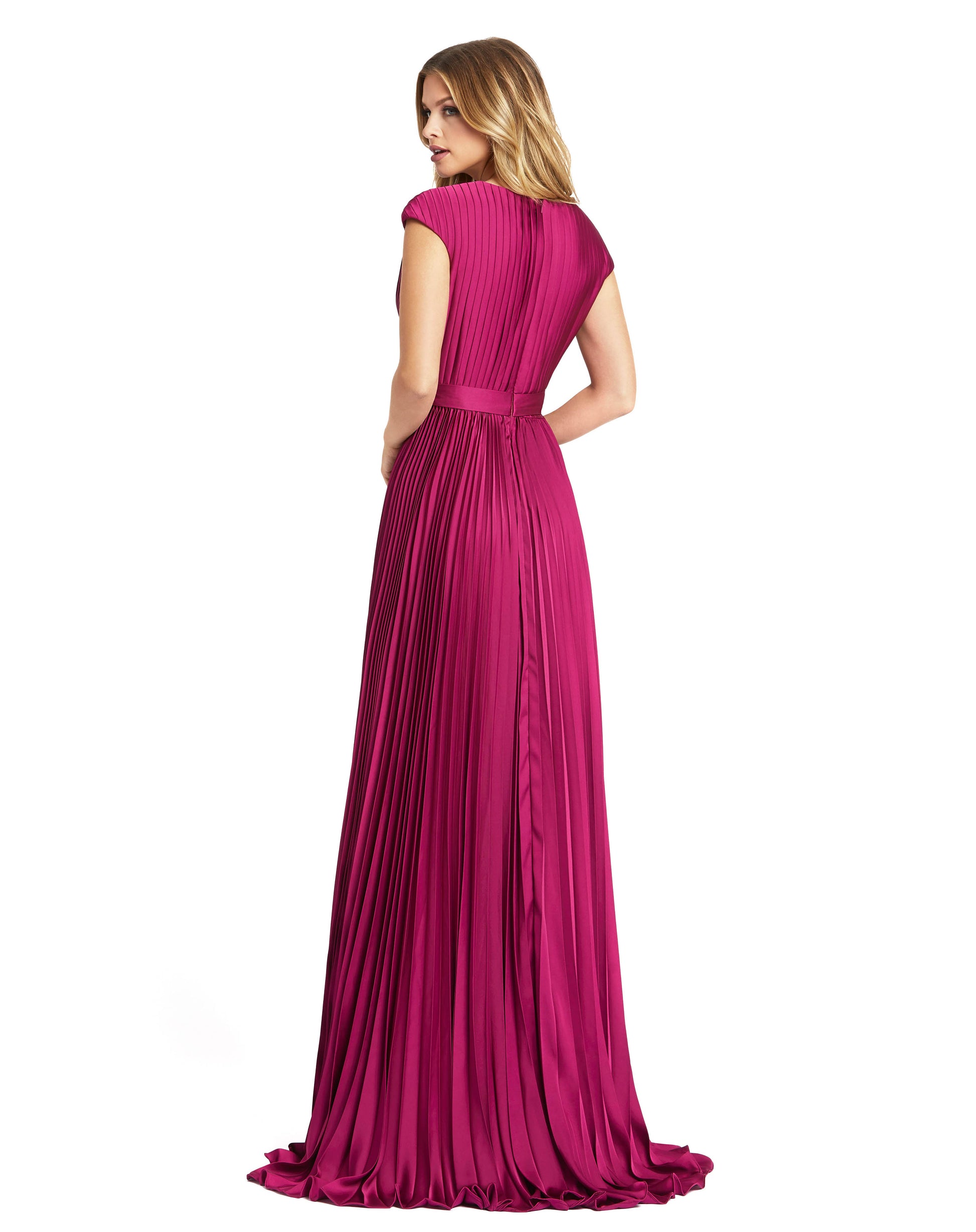 Mac Duggal Style#26285, Pleated Plunge Neck Belted A Line Gown, A line,Cap Sleeve,Floor Length,Pleated,Satin,V-Neck, $695.00