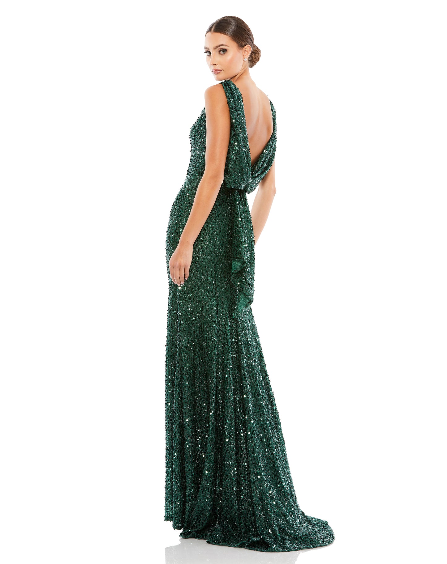 Cowl Back Boat Neck Sequined Evening Gown