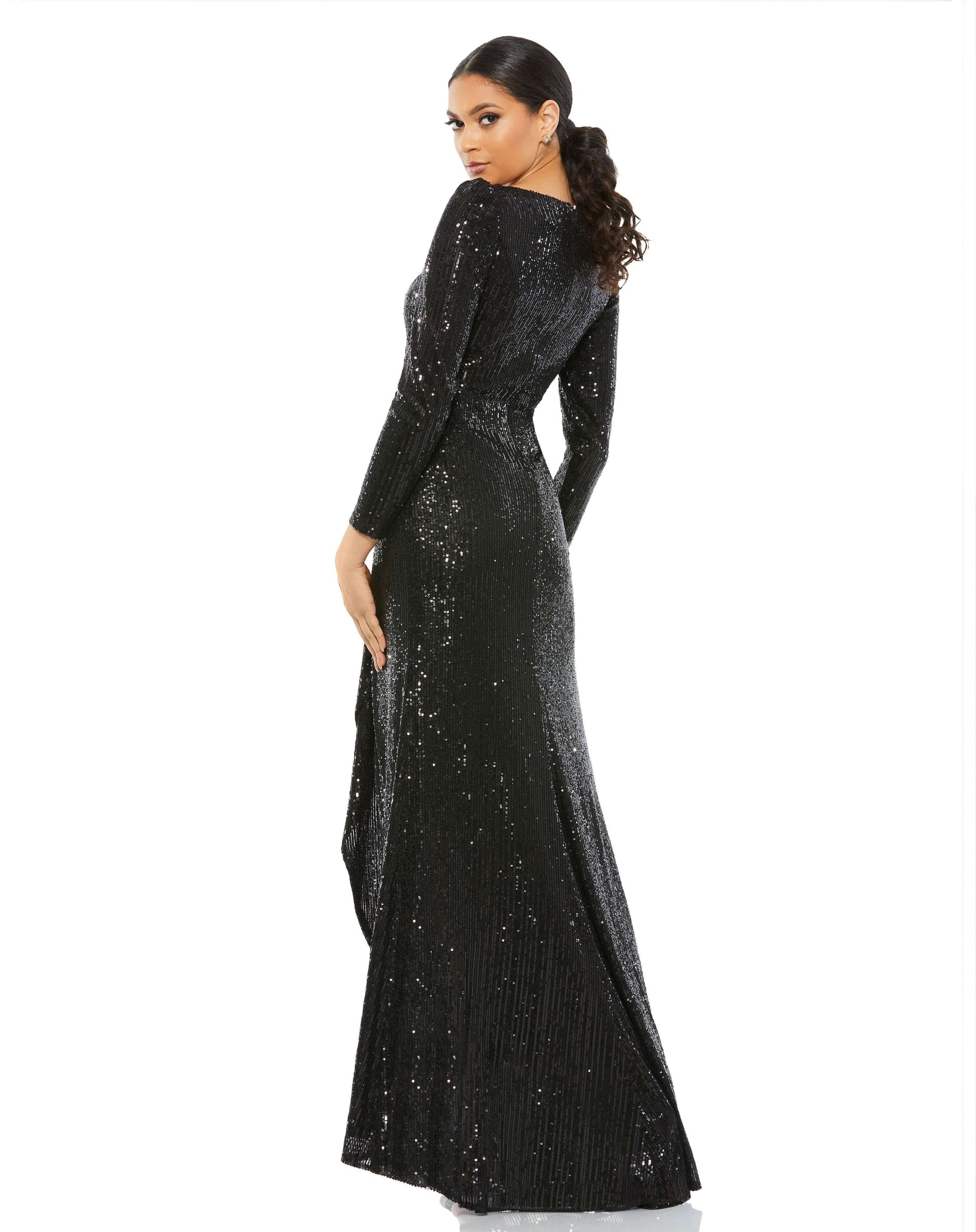 Mac Duggal Style#26395, Sequin Wrap Evening Gown, Asymmetric,long sleeve,Sequin,Slit,V-Neck, $595.00