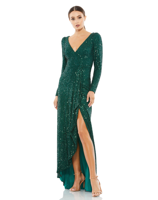 Long-sleeved sequin faux wrap gown with a flirty ruffle side slit and soft, sweeping train. Ieena for Mac Duggal Fully Lined Back Zipper 100% Polyester Long Sleeve Full Length V-Neck Style #26395