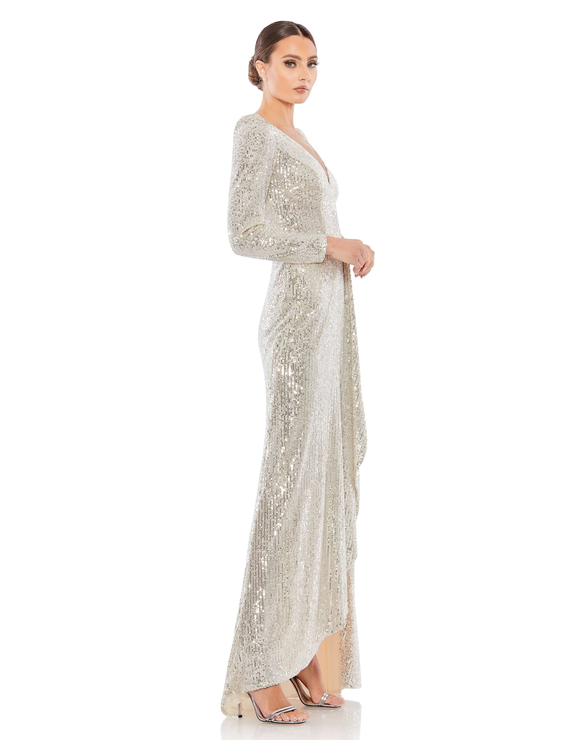 Mac Duggal Style#26395, Sequin Wrap Evening Gown, Asymmetric,long sleeve,Sequin,Slit,V-Neck, $595.00