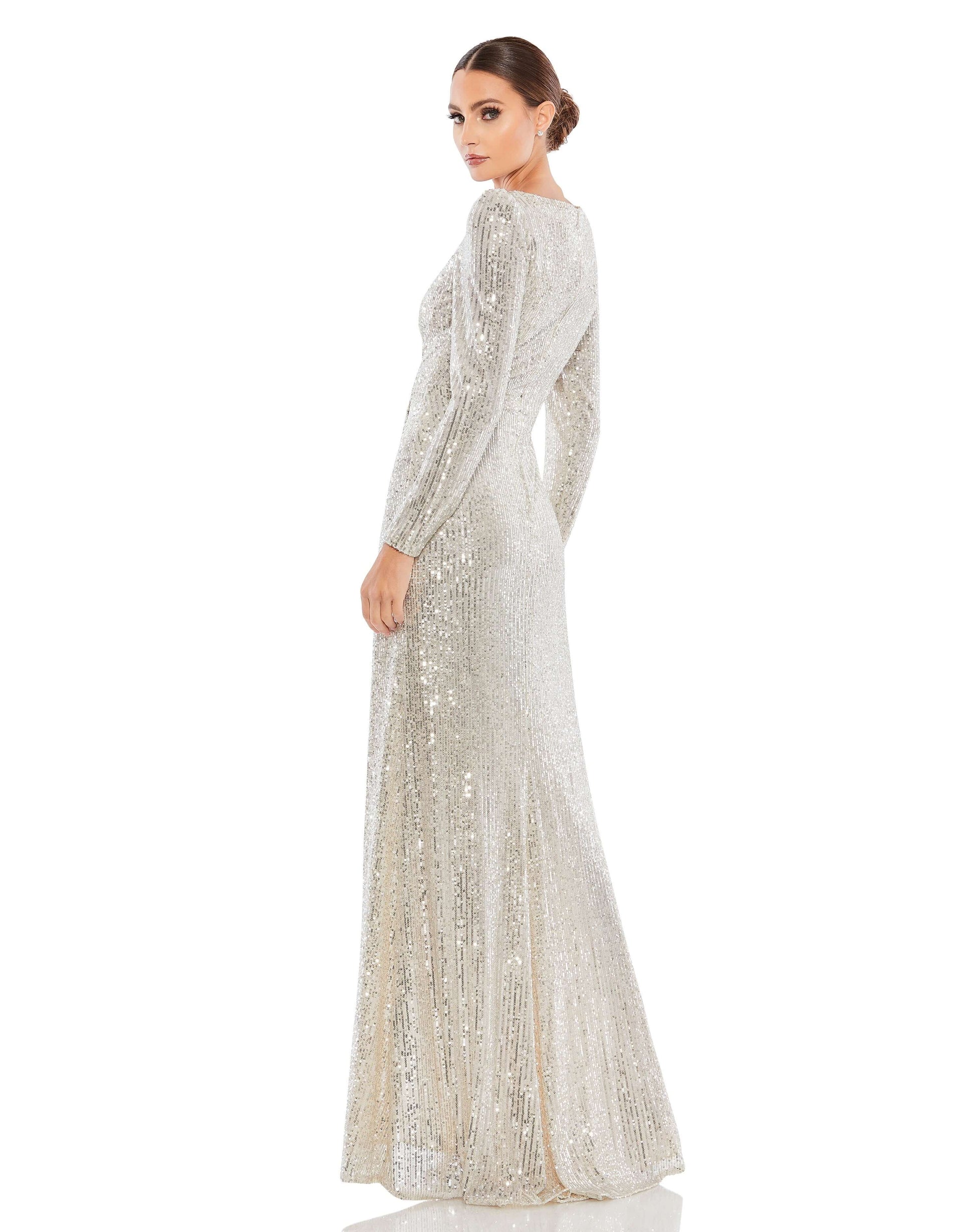 Mac Duggal Style#26395, Sequin Wrap Evening Gown, Asymmetric,long sleeve,Sequin,Slit,V-Neck, $595.00