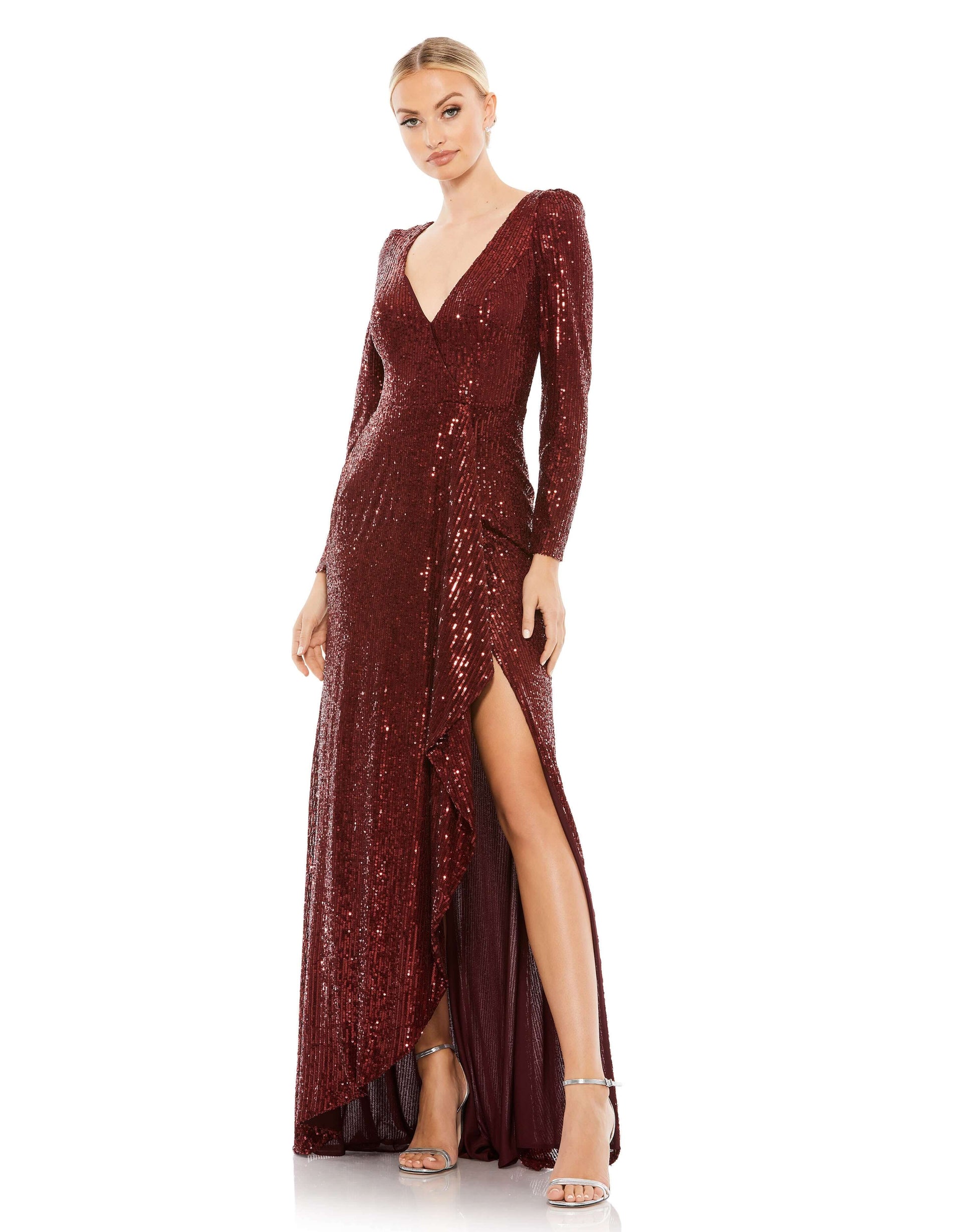 Mac Duggal Style#26395, Sequin Wrap Evening Gown, Asymmetric,long sleeve,Sequin,Slit,V-Neck, $595.00