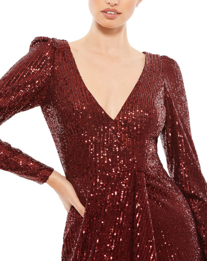 Mac Duggal Style#26395, Sequin Wrap Evening Gown, Asymmetric,long sleeve,Sequin,Slit,V-Neck, $595.00