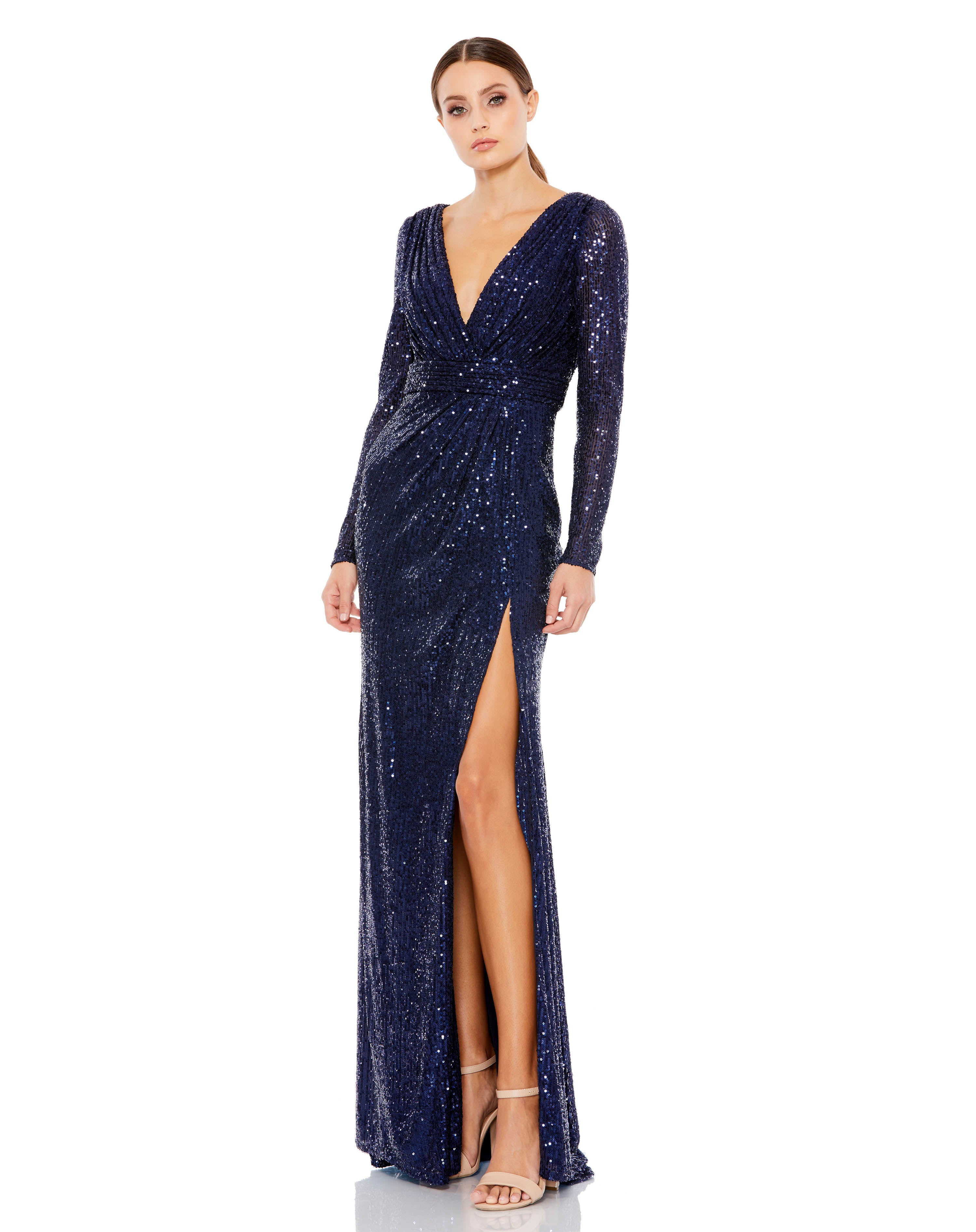 Long Sleeve Ruched Faux Wrap Sequined Gown Elegant Threads