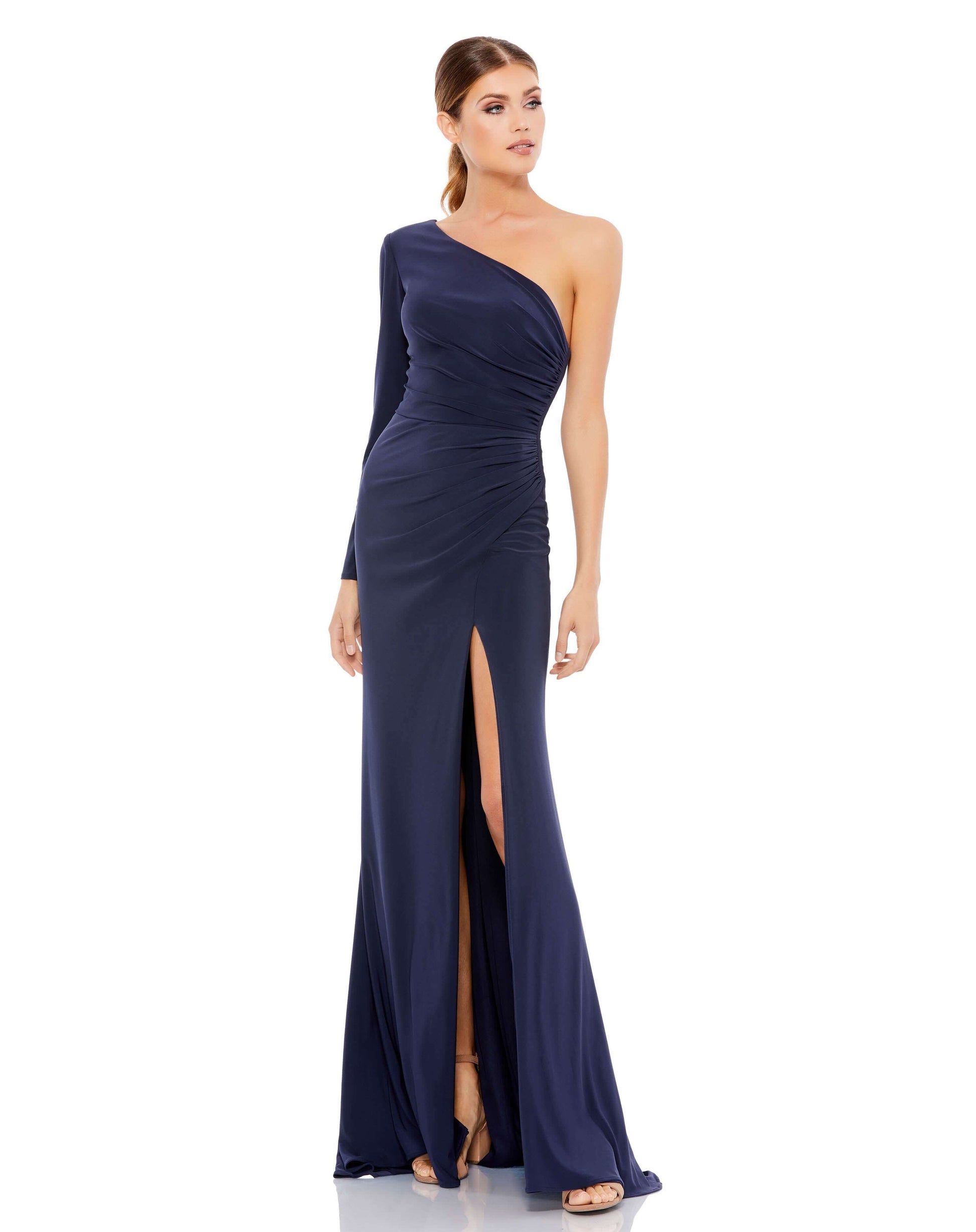 Mac Duggal Style#26505, Stretch Jersey One Sleeve Gathered Waist Gown, Fit and Flare,Floor Length,long sleeve,One Shoulder,Slit, $395.00