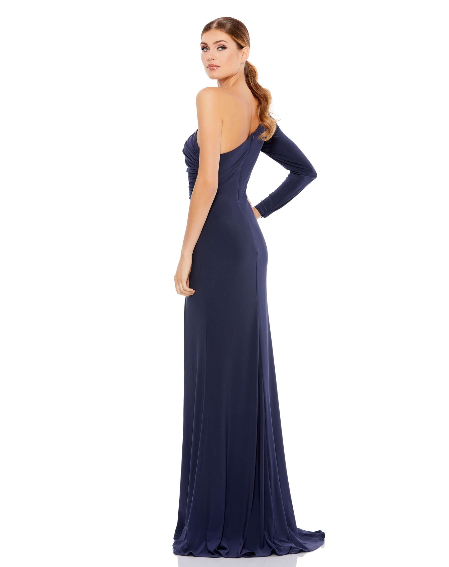 Mac Duggal Style#26505, Stretch Jersey One Sleeve Gathered Waist Gown, Fit and Flare,Floor Length,long sleeve,One Shoulder,Slit, $395.00