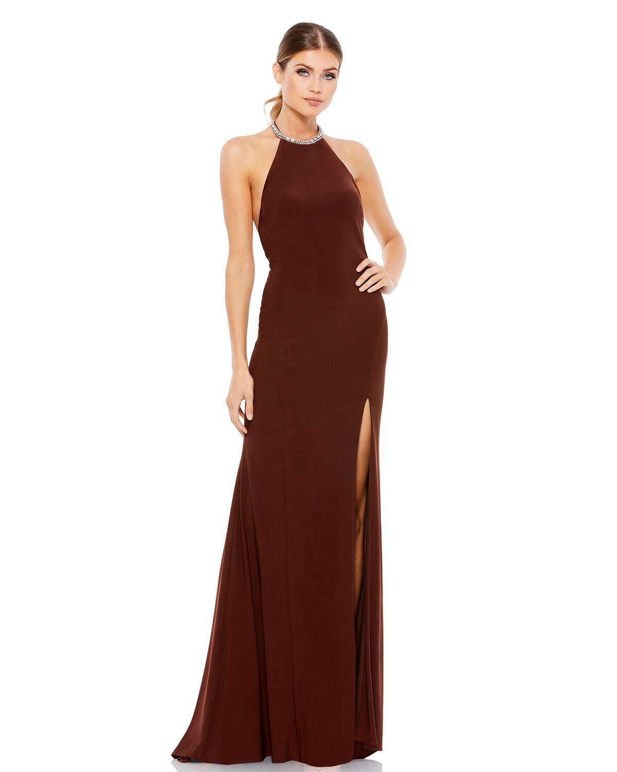 Sequin Halter Neck Top A-Line Backless Evening Dress With Tulle