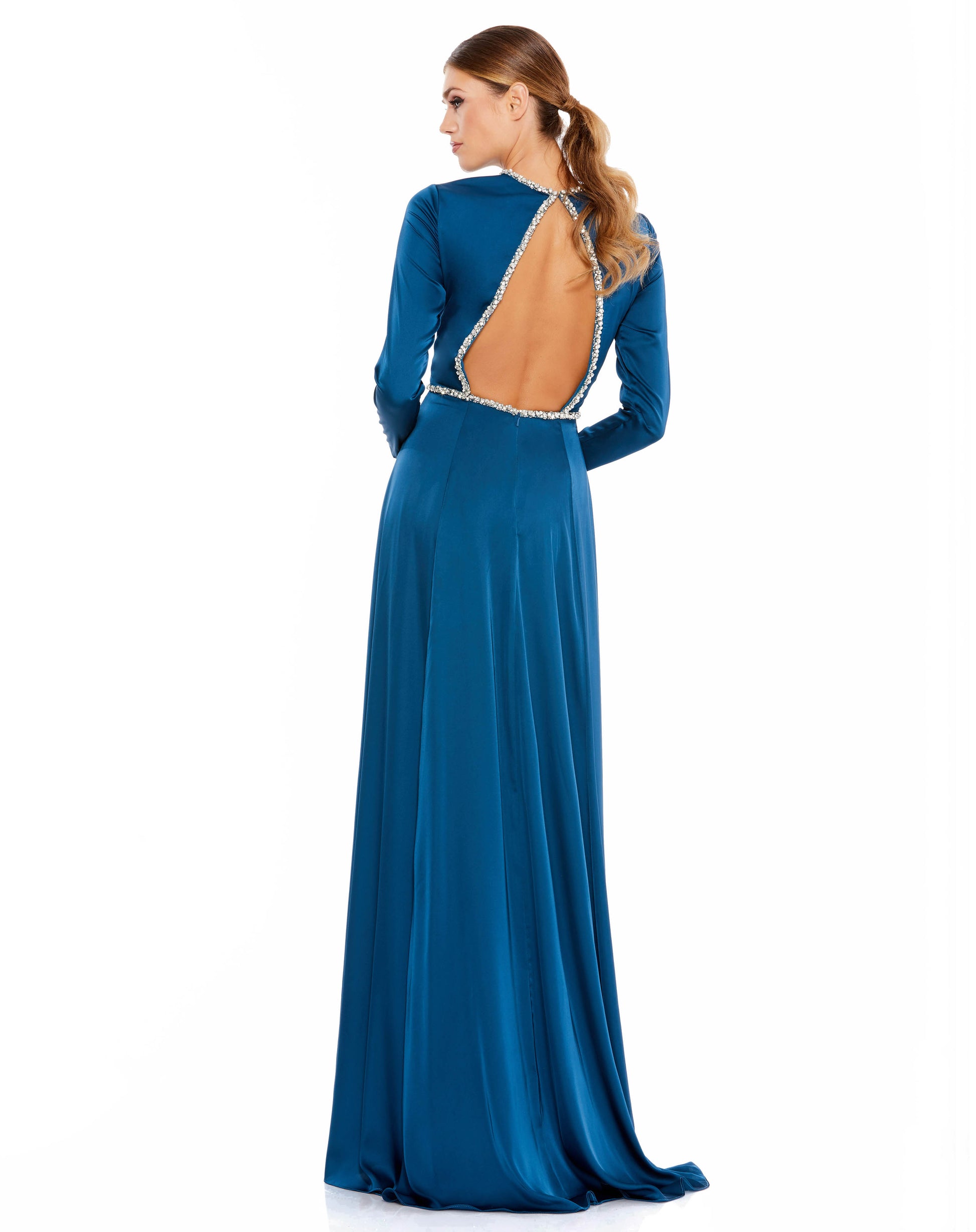 Long-sleeved charmeuse gown accented with a bejeweled belt, neckline, jewel-trimmed open back. Ieena for Mac Duggal Fully Lined Back Zipper 100% Polyester Long Sleeve Full Length High Front Slit Style #26524