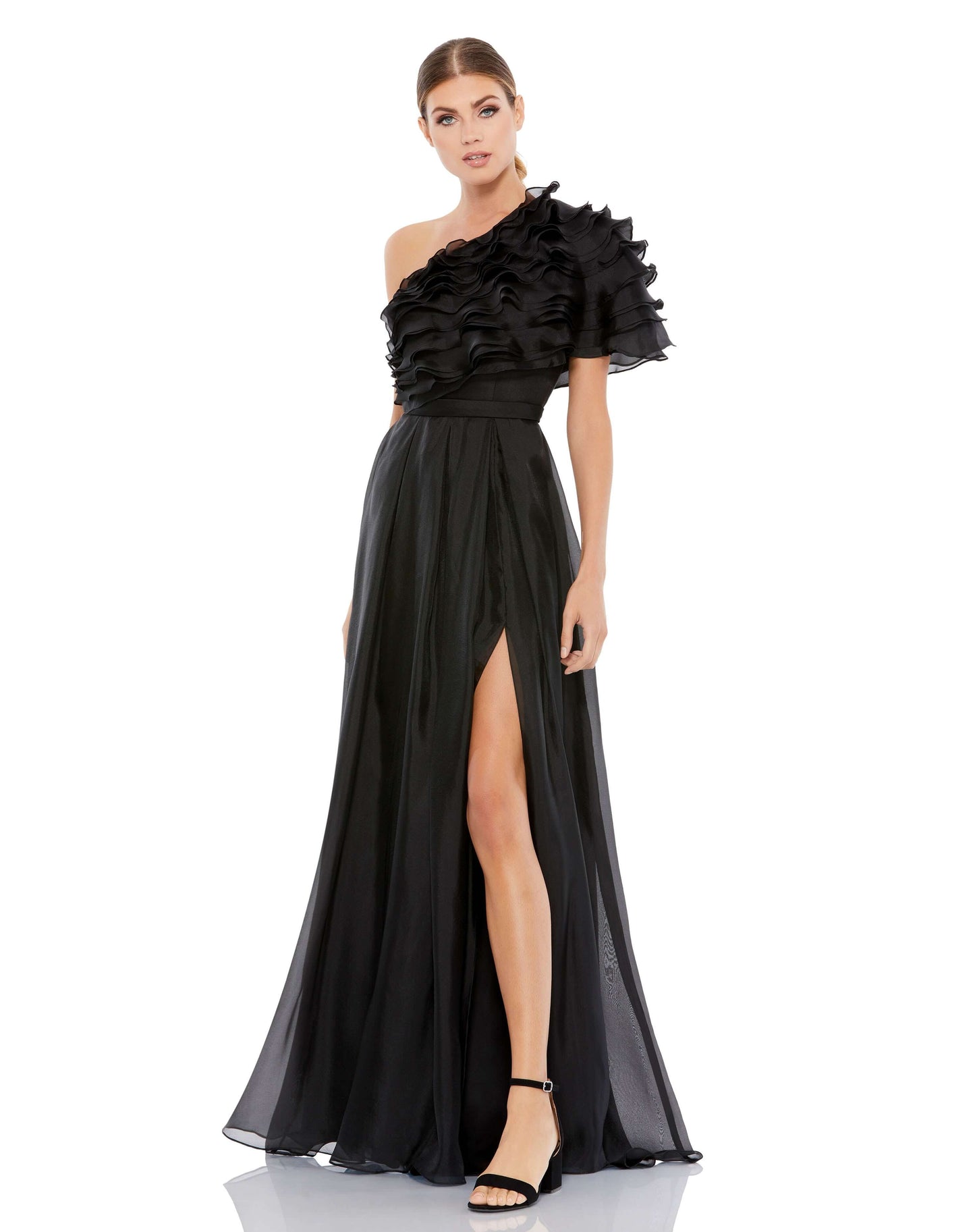 Mac Duggal Style#26527, Ruffle Layered One Shoulder Gown, A line,Floor Length,One Shoulder,Ruffles,Short Sleeve,Slit, $750.00