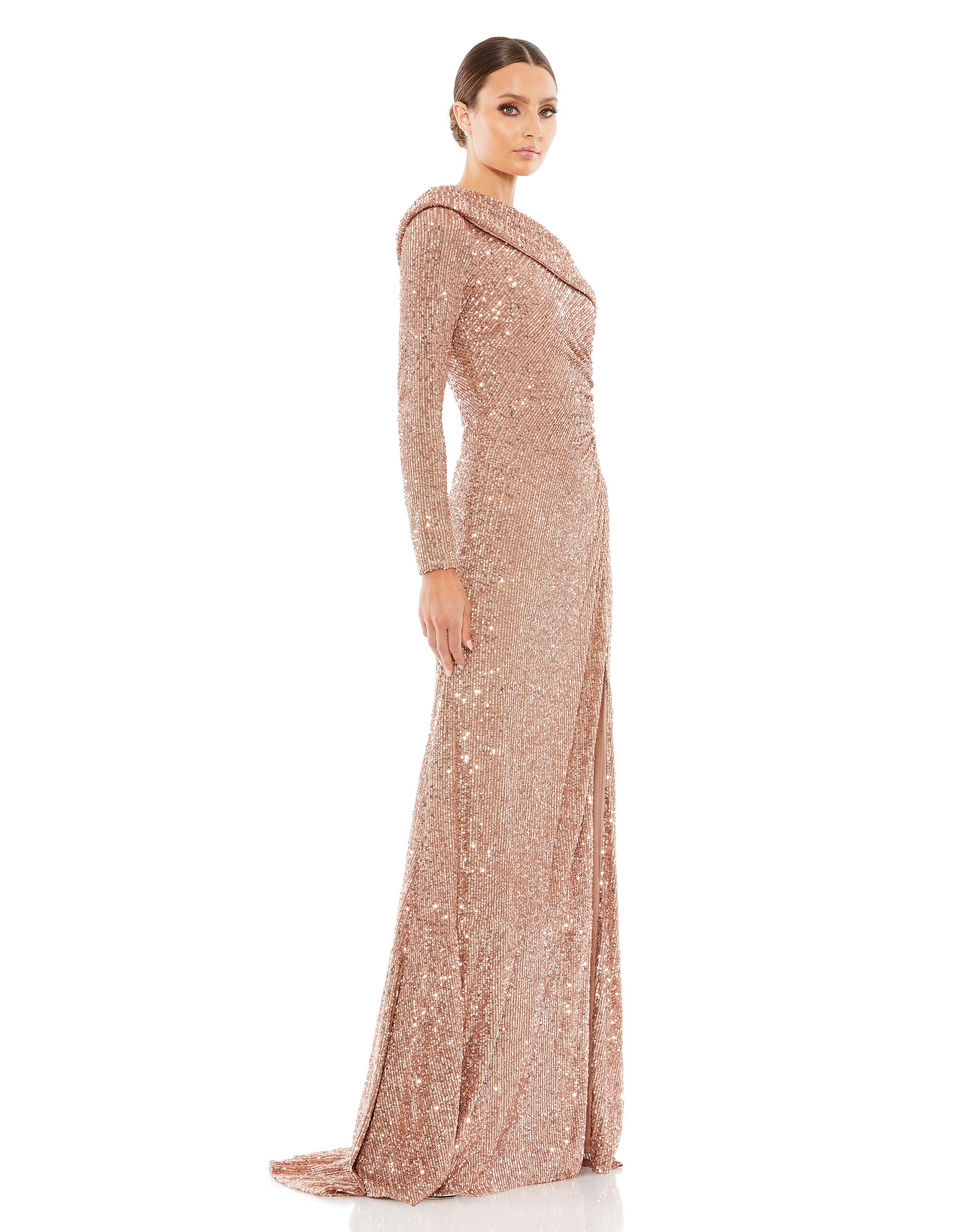 Mac Duggal Style#26571, Sequined Drop Shoulder Faux Wrap Gown, Floor Length,long sleeve,One Shoulder,Ruched,Sequin,Sheath,Slit, $620.00