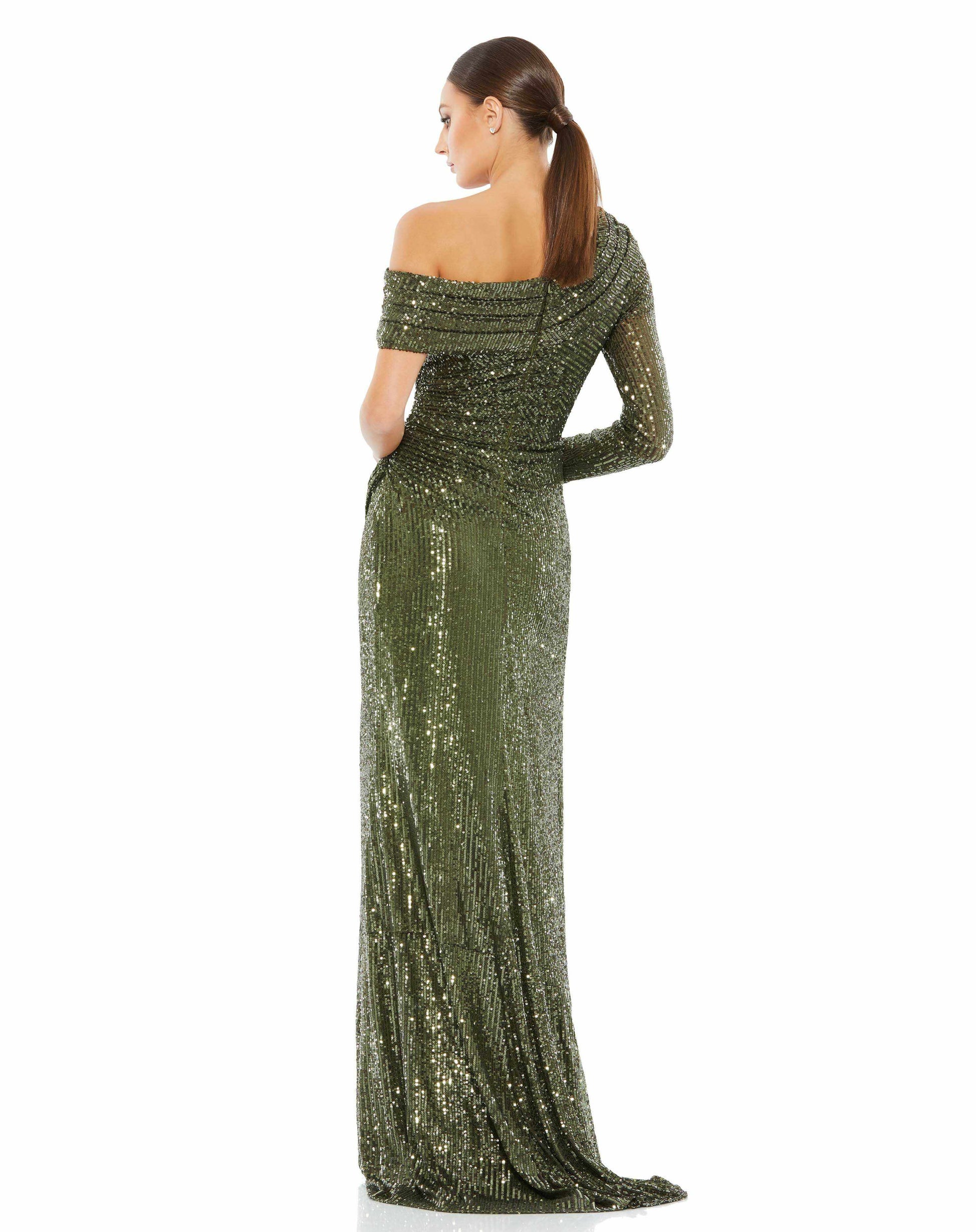 Mac Duggal Style#26571, Sequined Drop Shoulder Faux Wrap Gown, Floor Length,long sleeve,One Shoulder,Ruched,Sequin,Sheath,Slit, $620.00