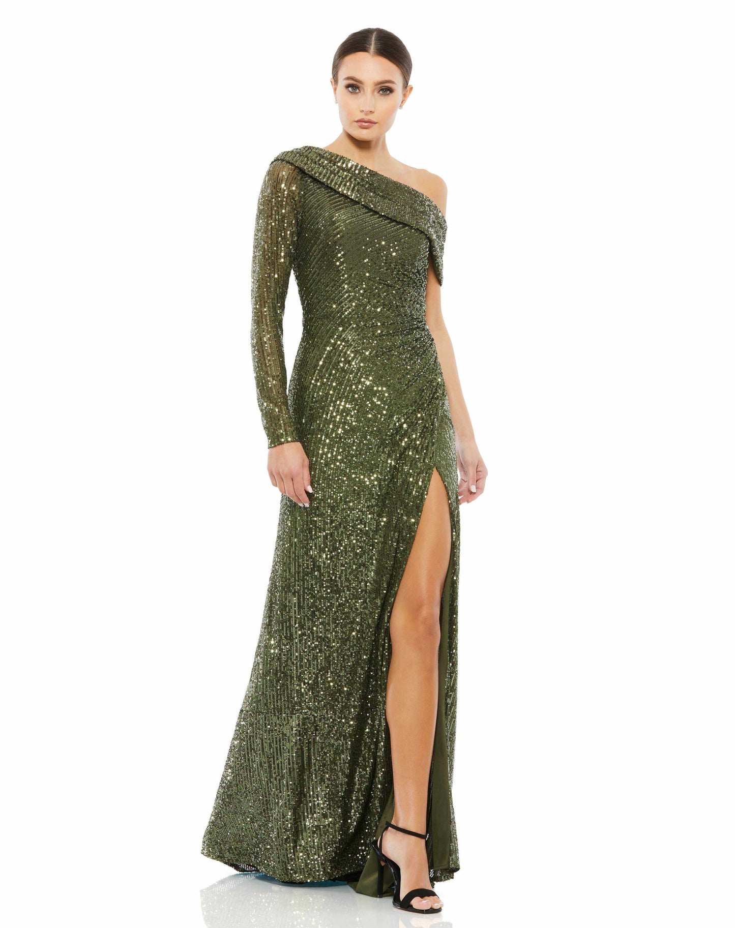 Mac Duggal Style#26571, Sequined Drop Shoulder Faux Wrap Gown, Floor Length,long sleeve,One Shoulder,Ruched,Sequin,Sheath,Slit, $620.00