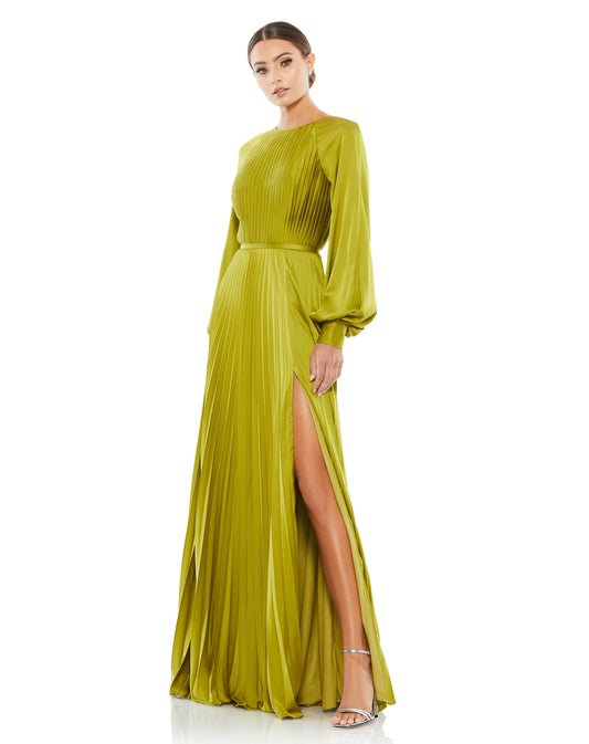 Mac Duggal Style#26590, Long Sleeve Pleated High Neck Gown, A line,Floor Length,long sleeve,Slit, $750.00