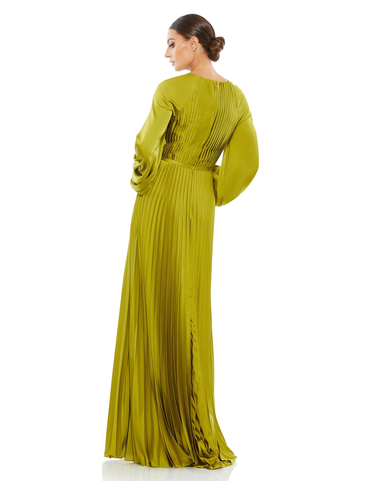 Long sleeve pleated gown with a high neckline, blouson sleeves, pleated bodice and skirt, and a thigh-high slit. Ieena for Mac Duggal 100% Polyester Back Zipper Full Length Long Sleeves Thigh-High Slit Style #26590
