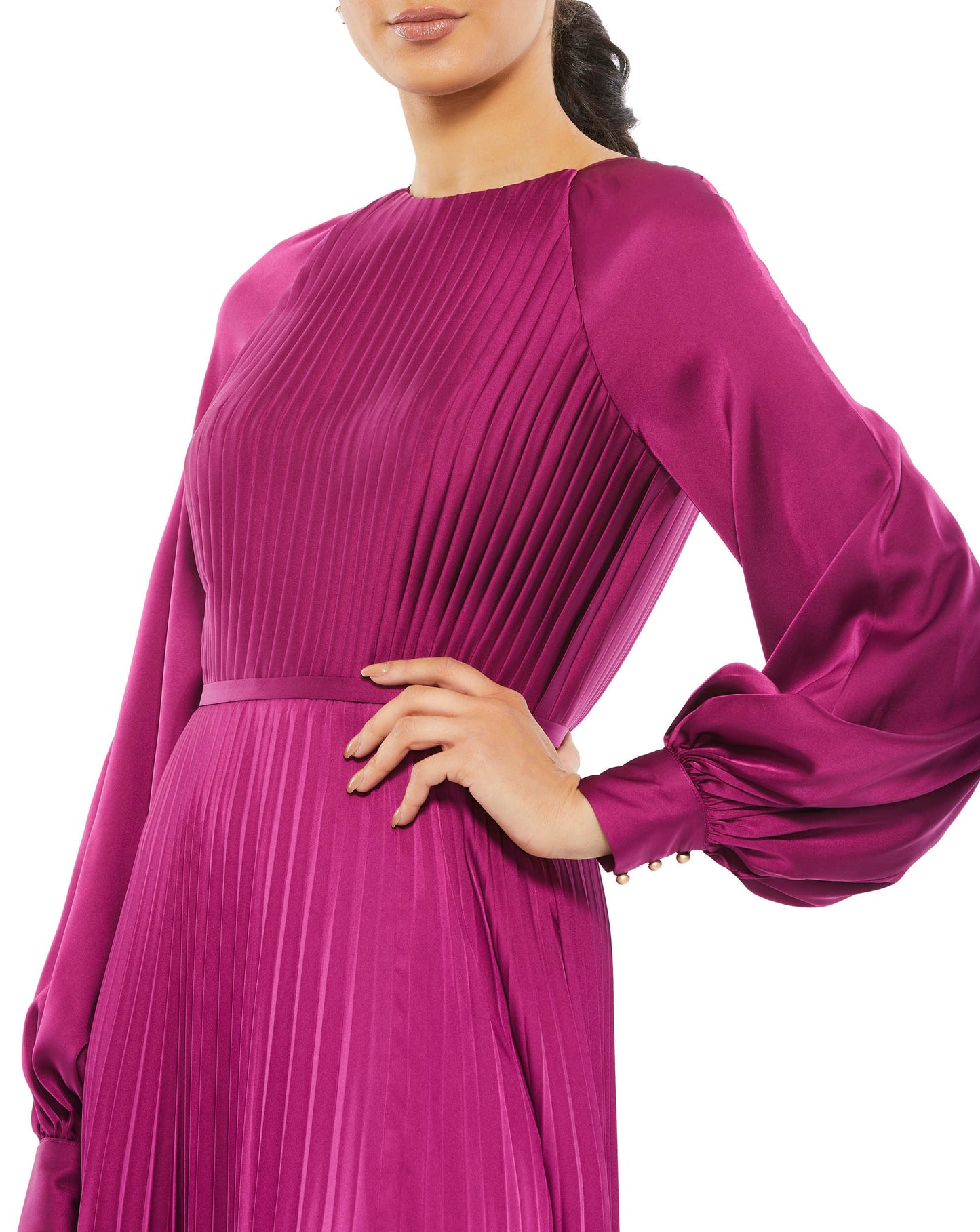 Long sleeve pleated gown with a high neckline, blouson sleeves, pleated bodice and skirt, and a thigh-high slit. Ieena for Mac Duggal 100% Polyester Back Zipper Full Length Long Sleeves Thigh-High Slit Style #26590