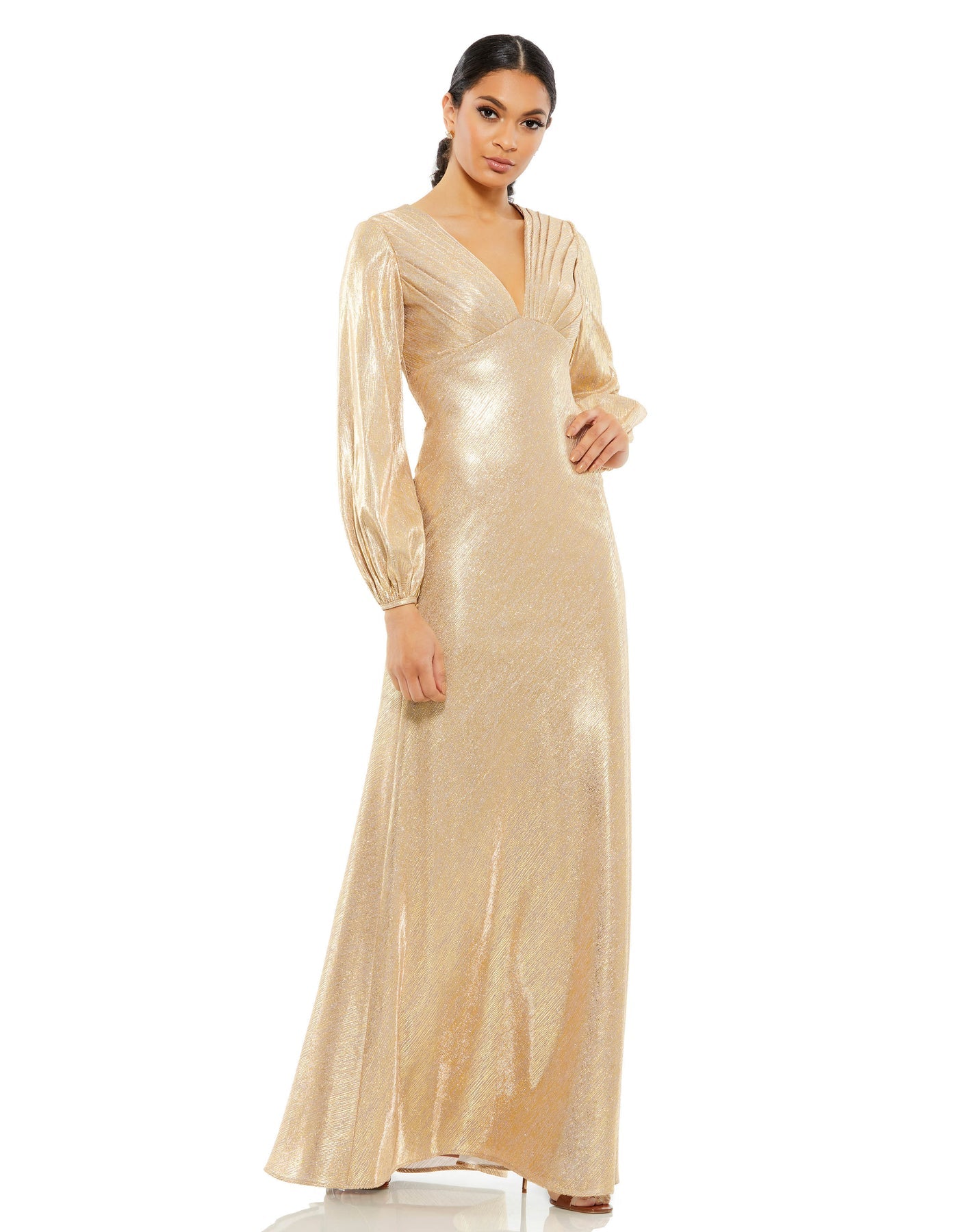 This metallic empire-waist gown features a pleated bodice, v-neckline, long blouson sleeves, and a floor-length skirt with a sweeping hem. Ieena for Mac Duggal 100% Polyester Fully line through the body Long Sleeves Concealed Back Zipper Approx. 62.5" fro