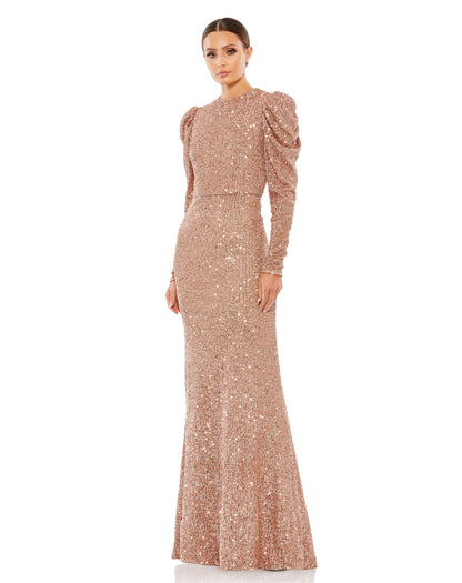 Ieena for Mac Duggal Sequined mesh overlay; 100% polyester lining Fully lined through body Round high neckline Long puff sleeves Concealed back zipper Approx. 62.5" from top of shoulder to bottom hem Available in Copper Style #26692