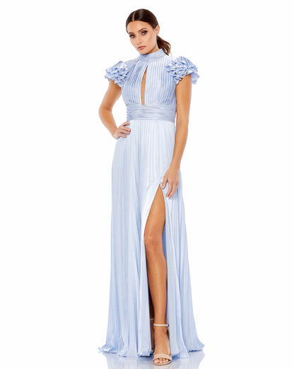 High Neck Ruffle Sleeve Pleated Keyhole Gown
