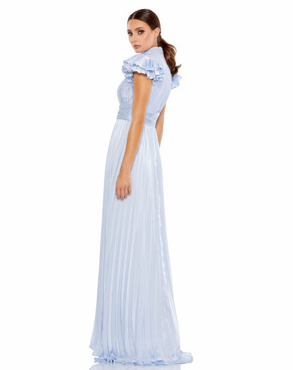 High Neck Ruffle Sleeve Pleated Keyhole Gown