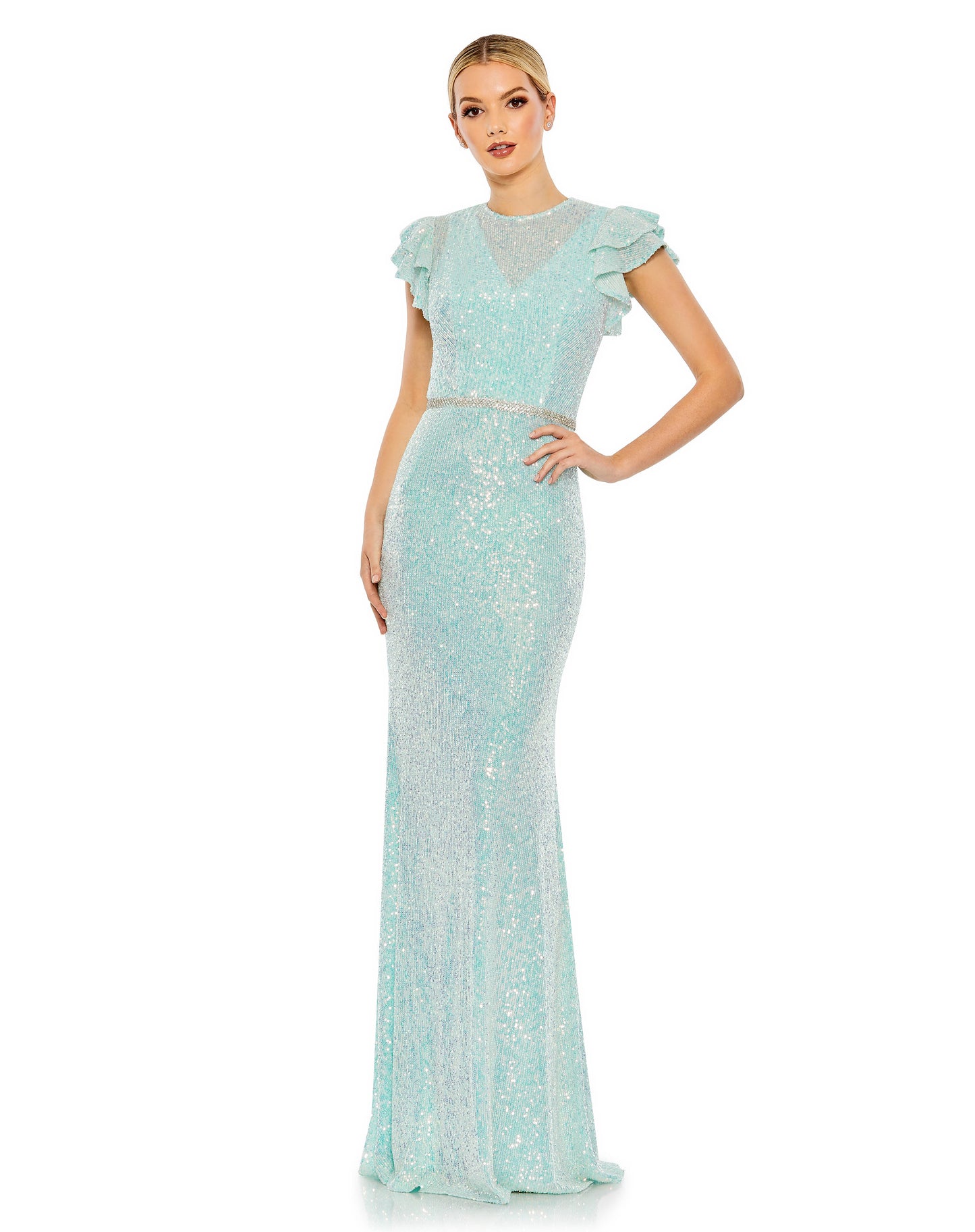 Ieena for Mac Duggal Sequined mesh overlay; 100% polyester lining Partially lined bodice; fully lined skirt; sheer unlined sleeves V-neckline with illusion high neck overlay Short ruffled flutter sleeves Sequined waist detail Concealed back zipper Approx.