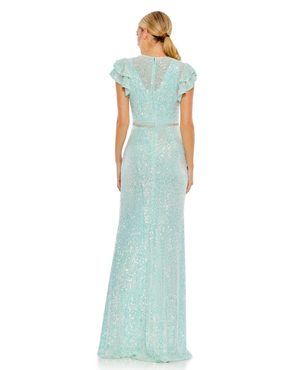 Ieena for Mac Duggal Sequined mesh overlay; 100% polyester lining Partially lined bodice; fully lined skirt; sheer unlined sleeves V-neckline with illusion high neck overlay Short ruffled flutter sleeves Sequined waist detail Concealed back zipper Approx.