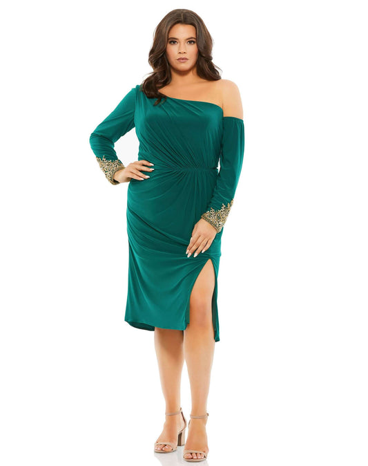 Mac Duggal Style#67900, Embellished Cuff Drop Shoulder Midi Dress, Cocktail,Curvy Girl,long sleeve,Off the Shoulder,Rhinestone,Slit, $450.00