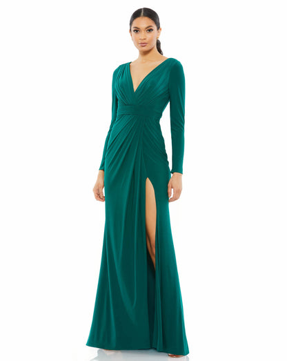 Classic long sleeve evening gown with v-neckline and high slit. Ieena for Mac Duggal Fully Lined 100% Polyester V-Neck Long Sleeve Full Length Style #26554