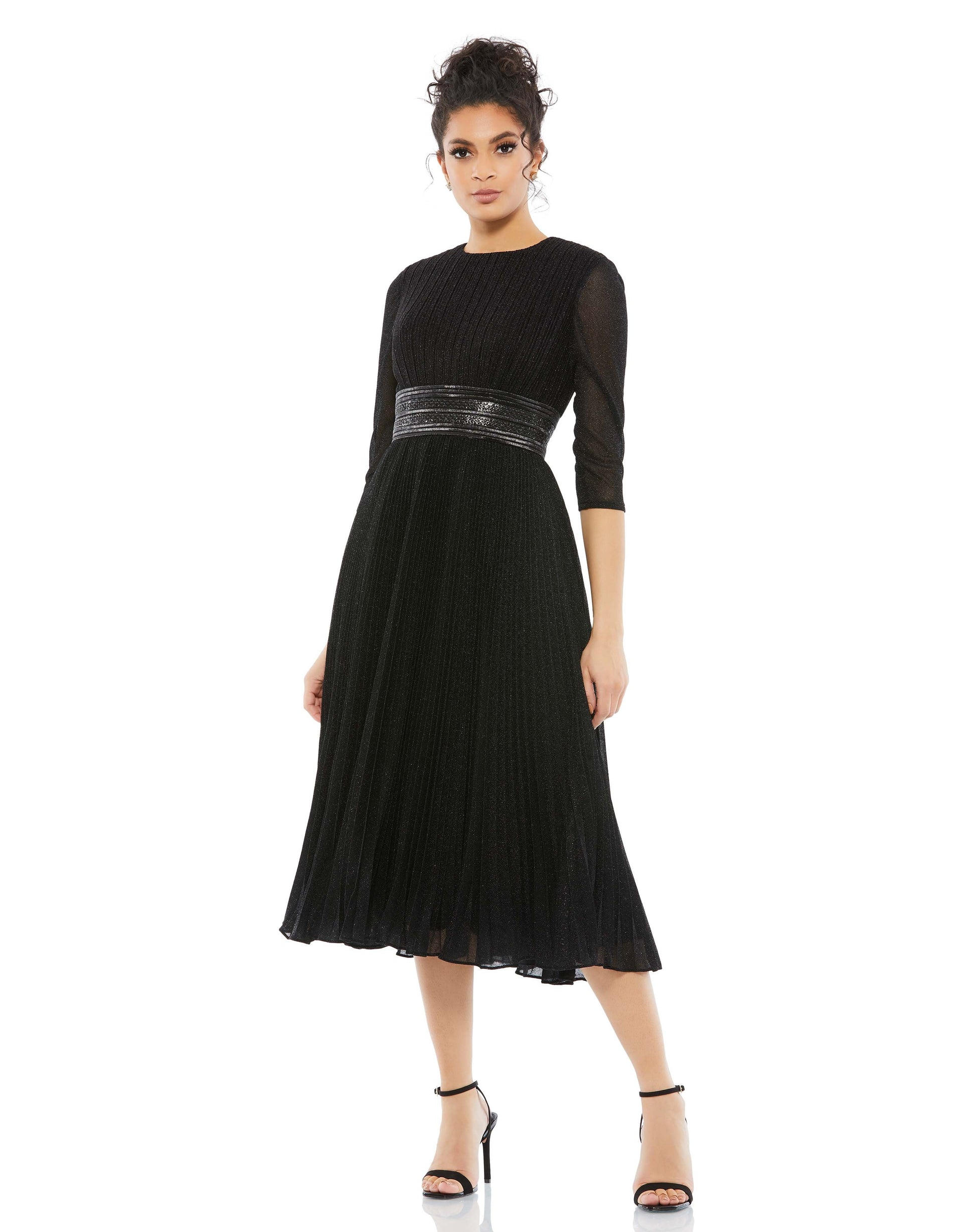 Elegant 3/4 sleeve dress with an a-line pleated tea-length skirt, round neckline, and a dramatic embellished waistband. Mac Duggal Fully Lined 100% Polyester High Neck 3/4 Sleeve Midi Length Style #30750