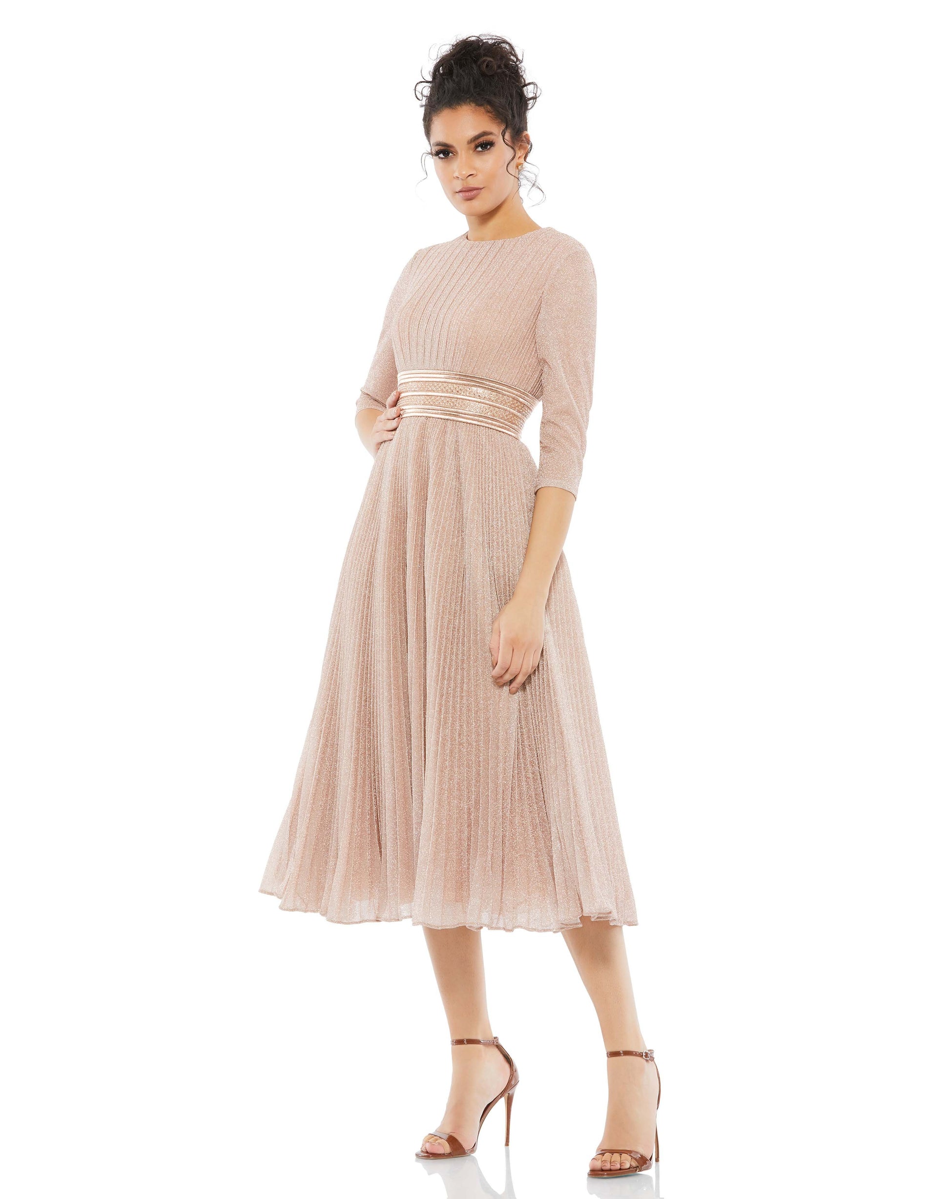 Elegant 3/4 sleeve dress with an a-line pleated tea-length skirt, round neckline, and a dramatic embellished waistband. Mac Duggal Fully Lined 100% Polyester High Neck 3/4 Sleeve Midi Length Style #30750