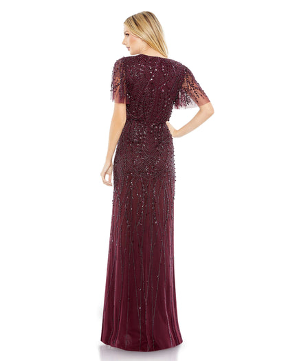 Mac Duggal Style#35109, Embellished Flutter Sleeve Gown, beaded,Fit and Flare,Floor Length,Sequin,Short Sleeve,V-Neck, $950.00