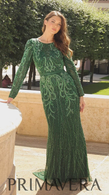 Long Sleeve Fit&Flare Beaded Gown