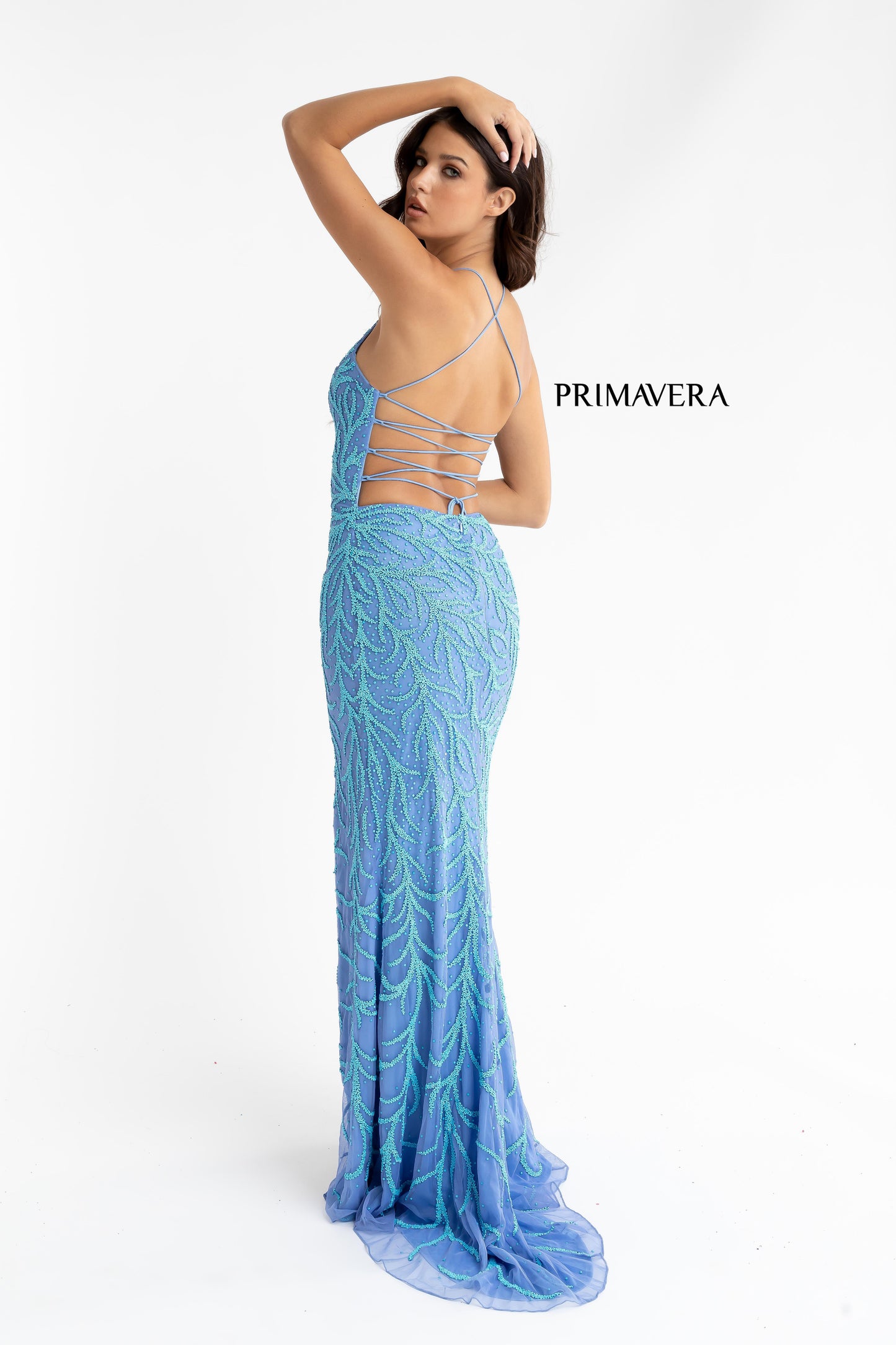 Primavera Style#3636, Beaded Strap Back Gown, beaded,Fit and Flare,Floor Length,Open Back,Sequin,sleeveless,Strap Back,V-Neck, $650.00