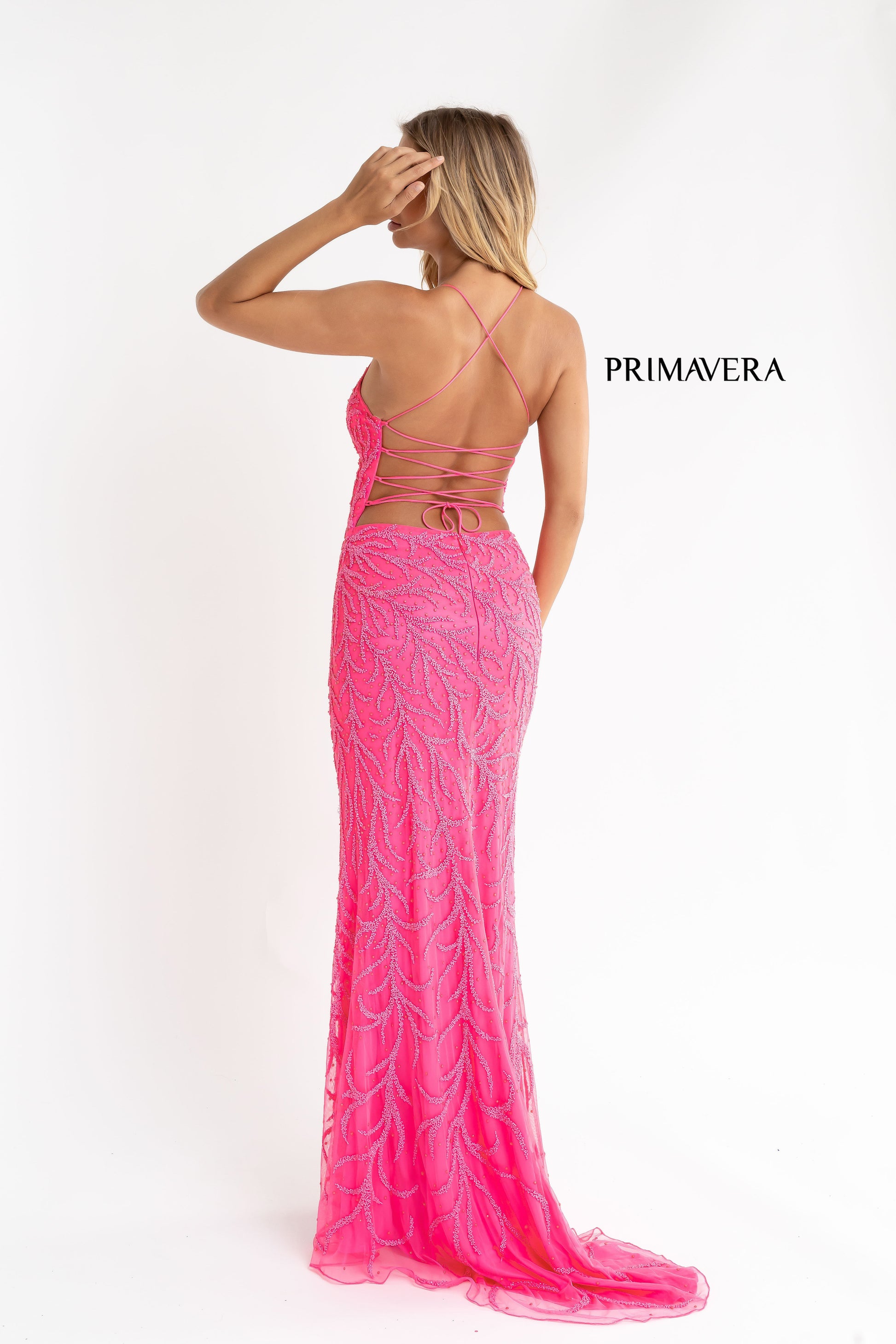 Primavera Style#3636, Beaded Strap Back Gown, beaded,Fit and Flare,Floor Length,Open Back,Sequin,sleeveless,Strap Back,V-Neck, $650.00